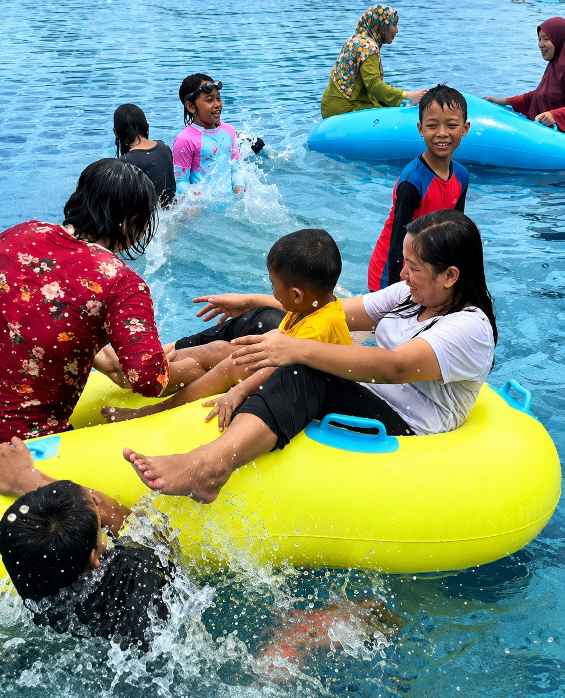A group of people are enjoying a sunny day at a water park, likely Eampat Kwalamencirim, Indonesia. Several individuals, including children and adults, are in a bright blue swimming pool, with some using inflatable tubes.
In the foreground, a woman in a white t-shirt is sitting in a large yellow inflatable ring, holding a young child wearing a yellow shirt. To the left, a person in a red floral patterned shirt is partially visible, also in the water. Another child in a black shirt is splashing in the water near the yellow inflatable.
Further back, a young girl wearing goggles and a pink and blue swimsuit is looking to her left with a joyful expression, surrounded by splashes of water. Next to her, another person in a black shirt is partially submerged. In the background, two women, one wearing a green and patterned hijab and the other a red hijab, are seated on a large blue inflatable object. A young boy with a wide smile, wearing a red and blue shirt, is looking towards the camera.
The water appears clear and blue, indicating a pleasant weather day suitable for outdoor water activities. The scene is lively, with many people interacting and having fun, suggesting a casual and recreational atmosphere. There is no visible text in the image.