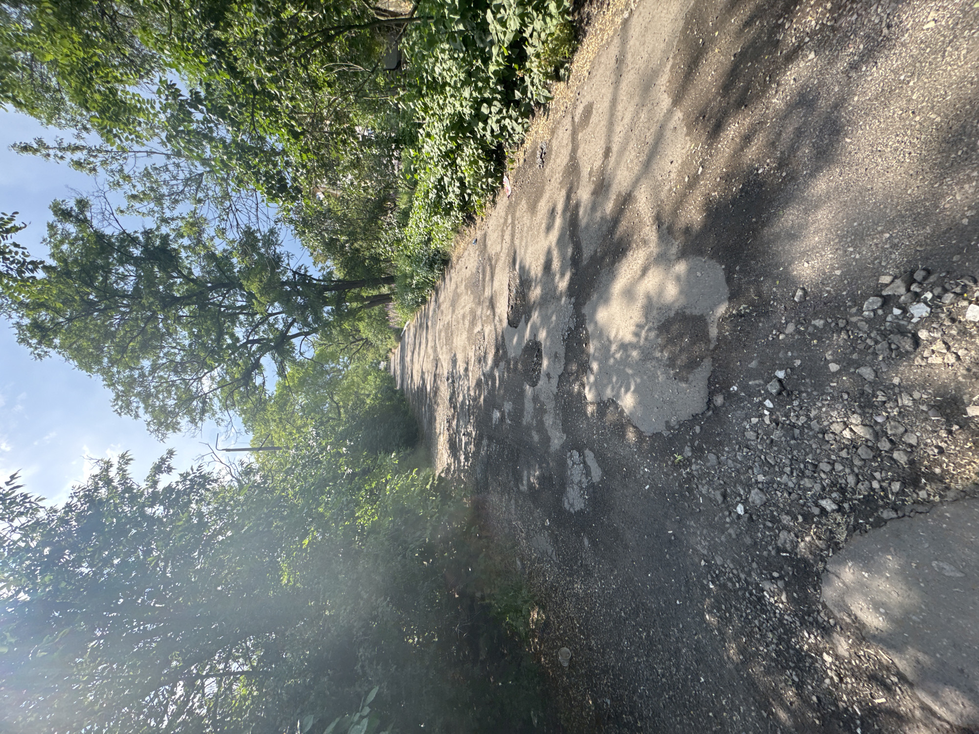 The image shows an unpaved, potholed road winding through a dense, green vegetated area. Sunlight filters through the leaves of mature trees that line both sides of the road, casting shadows on the uneven surface. The road appears to be in a state of disrepair, with numerous visible potholes and loose gravel. The surrounding environment is characterized by overgrown bushes and trees, suggesting a rural or semi-abandoned urban setting. There are no people or vehicles visible in the frame. The sky above is a clear blue with scattered white clouds. This scene is consistent with the appearance of many unmaintained roads in residential or industrial outskirts of Makiivka, Ukraine, particularly in areas affected by prolonged conflict or neglect.