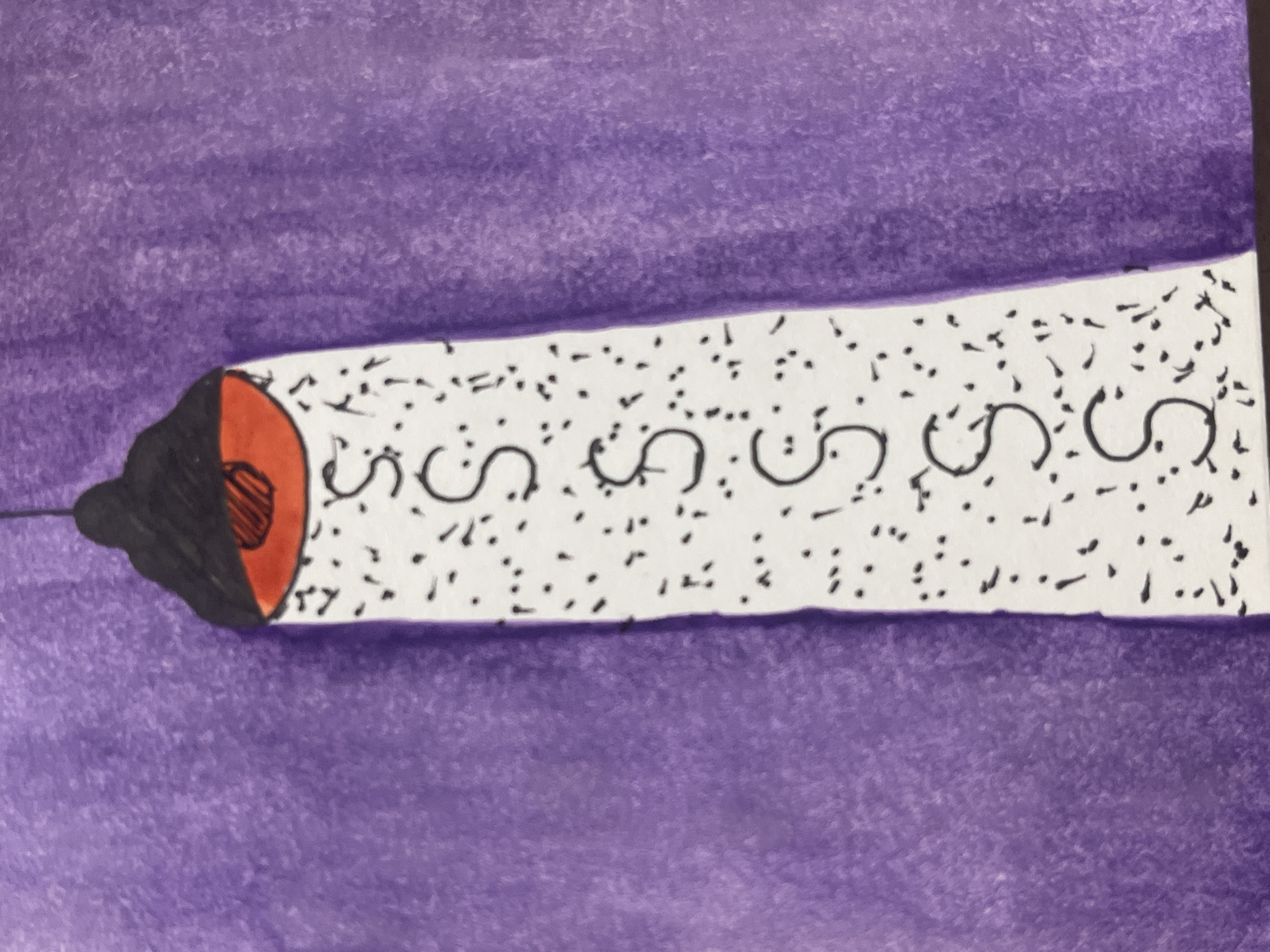 The image depicts a stylized, elongated object resembling a cigarette or joint, set against a mottled purple background. The object has a black and red tip and a white body covered in small black dots and a series of repeating black "S" shapes. A thin black line extends from the tip, possibly representing smoke. The setting cannot be determined from the image.