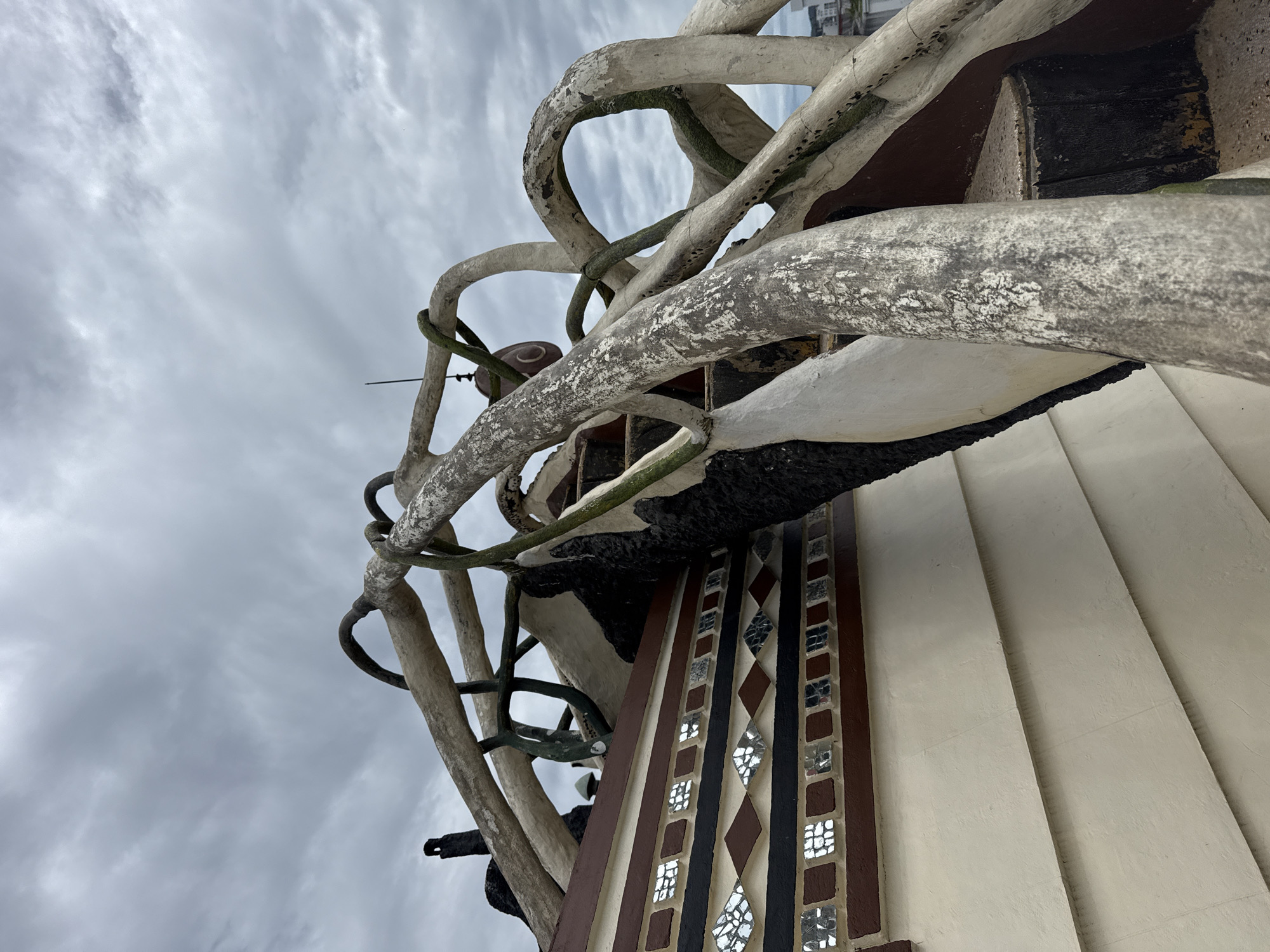 The image is a low-angle shot of a section of the Crazy House (Hang Nga Guesthouse) in Da Lat, Vietnam. A facade of the building is visible, showcasing a series of vertical ridges covered in light-colored stucco. To the left of the ridges, there's a decorative strip with a pattern of brown, black, and tan squares, interspersed with reflective mirror pieces. Extending from the building are sculptural elements resembling tree branches or roots. These are predominantly off-white with patches of gray and dark green moss. The background is dominated by a gray, overcast sky.