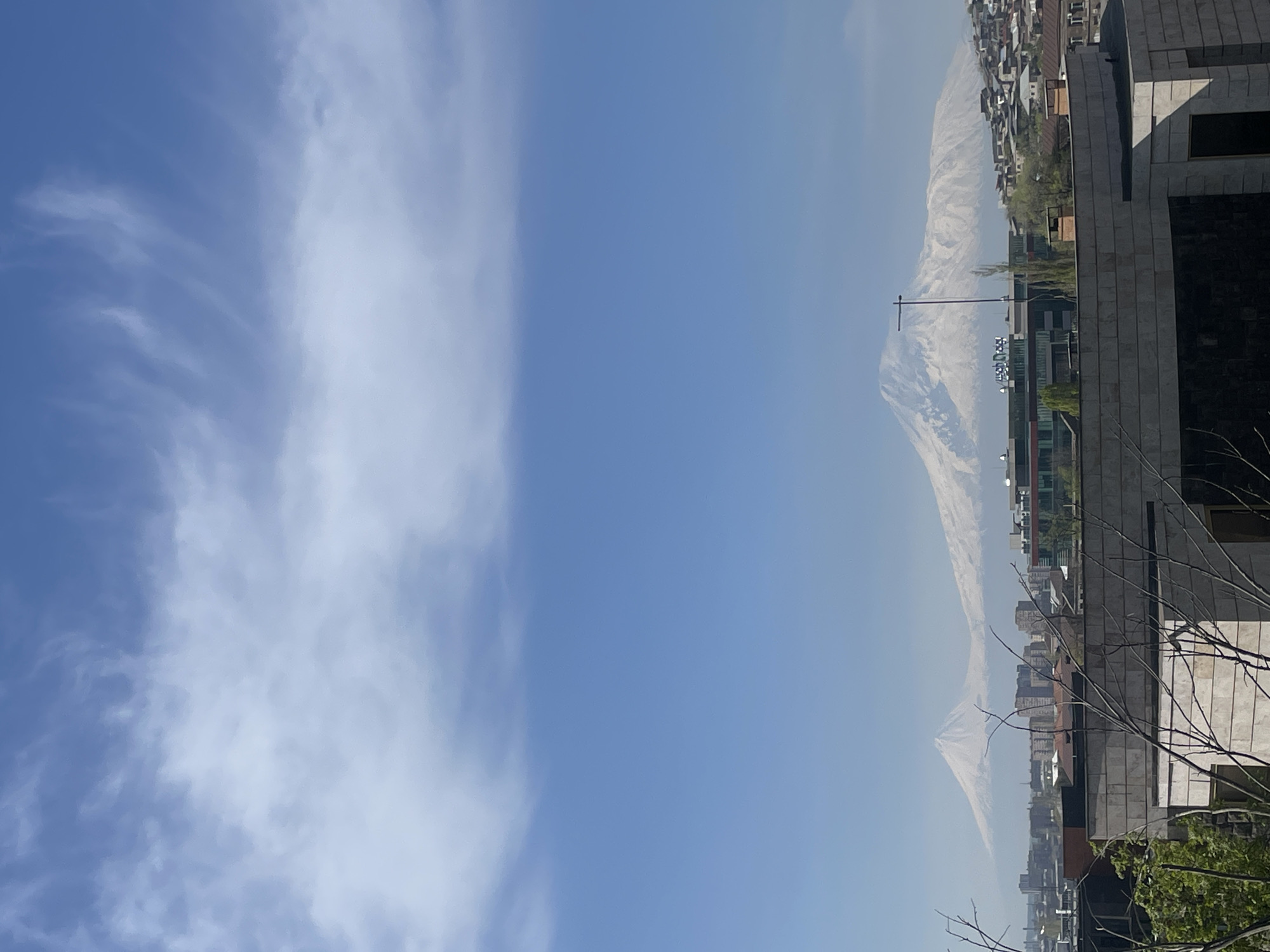 The image, taken in Yerevan, Armenia, captures a wide view of a cityscape under a bright, clear blue sky. The sky occupies the upper two-thirds of the frame, featuring sparse, wispy white clouds concentrated more on the left side and a clearer blue towards the right.
In the lower portion, a sprawling urban landscape unfolds, leading to majestic, snow-capped mountains in the distant background. The most prominent mountain, likely Mount Ararat given the location context, rises distinctly with its iconic double peak visible through a slight atmospheric haze.
In the foreground on the right, a modern building with grey and darker stone paneling is partially visible, with bare tree branches extending across its facade. Further into the city, various buildings, including residential structures and more contemporary designs, stretch across the midground. On a building in the mid-distance, some indistinct white text is visible, possibly spelling out "ROSGOSSTRAKH" or a similar name.
The scene depicts a calm daytime setting, characterized by ample sunlight and clear weather. No specific activity or individuals are visible, emphasizing the expansive landscape and urban environment.