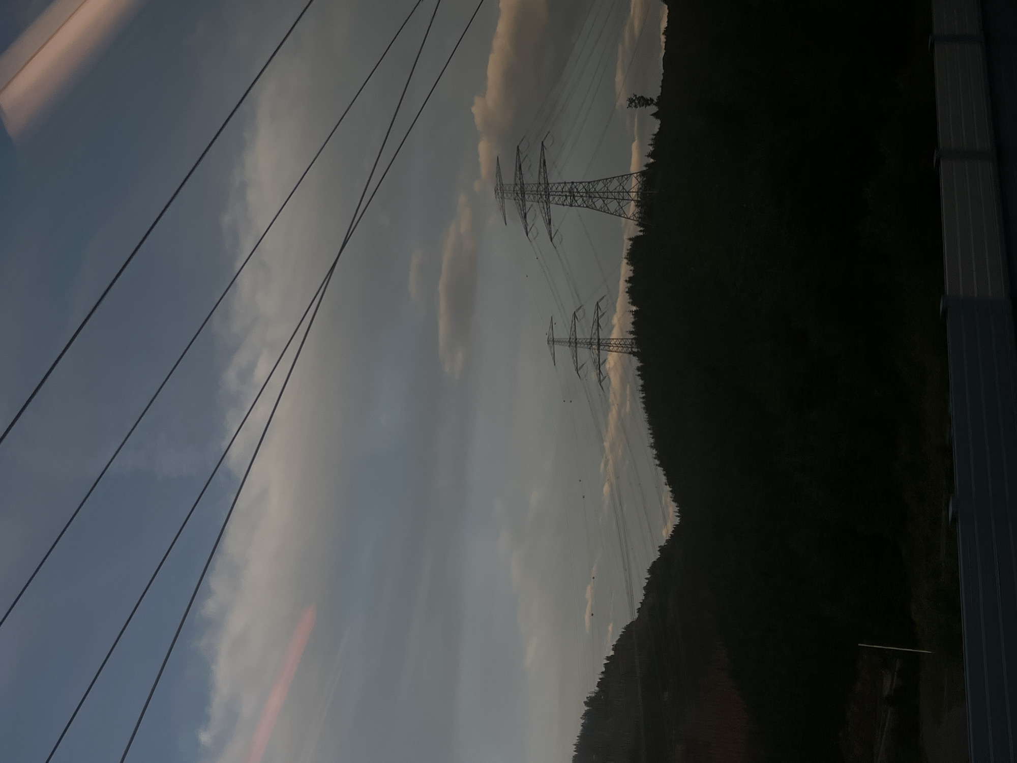 The image depicts a dusky landscape dominated by a silhouetted treeline against a cloudy sky, punctuated by power lines and transmission towers. Two large pylon structures are visible on a ridge, with a smaller one further to the right. Several smaller, indistinct objects, possibly birds or small lights, are scattered across the sky between the pylons. The foreground features a dark, densely wooded hillside, and at the very bottom, a railing of a barrier or bridge is visible, suggesting the viewpoint is from an elevated position, likely a road or railway. The lighting suggests either early morning or late evening, with soft, diffused light illuminating the clouds and a faint pinkish hue on the left side of the sky. There are no discernible people or specific landmarks that would pinpoint the location within Ilmenau, Germany.