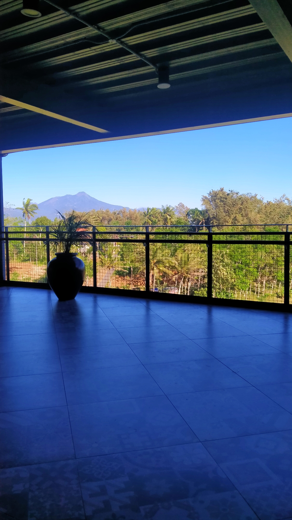 A wide shot shows a view from a balcony or veranda in Nyamat, Indonesia. The foreground features a tiled floor with a blue hue. To the left, a large dark pot contains a potted plant with thin, spiky leaves. A black metal railing with wire mesh runs horizontally across the middle of the image, separating the balcony from the outdoor scenery. Beyond the railing, a lush green landscape unfolds with various trees, including palm trees. In the distance, a large, mist-shrouded mountain dominates the horizon under a clear blue sky. The ceiling of the balcony, visible at the top of the frame, is dark and appears to be made of corrugated metal with exposed pipes and two light fixtures.