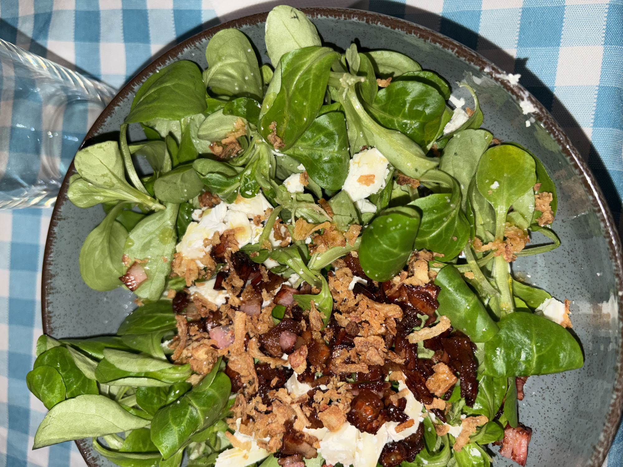A close-up, top-down shot captures a vibrant salad served in a dark grey or blue ceramic bowl. The main components of the salad are fresh, bright green lamb's lettuce (corn salad), generously mixed with crumbled white cheese, possibly feta or goat cheese. Numerous pieces of dark, caramelized bacon or pancetta are scattered throughout, alongside lighter, pinker bacon chunks. Golden-brown, crispy fried onions or shallots provide an additional textural element, topping the entire dish.
The bowl has a rustic, textured finish with a slightly irregular rim. It rests on a table covered with a blue and white checkered tablecloth, which fills the background. A clear glass, partially visible in the upper left corner, is positioned beside the bowl.
The lighting is soft and even, suggesting an indoor setting. There are no people visible, and the scene depicts a prepared meal, ready for consumption. No specific time of day is discernible, and no text is visible within the image. The overall impression is of a fresh and hearty salad, likely part of a meal in a casual dining environment in Urbanización Encinares De Alcolea, Spain.