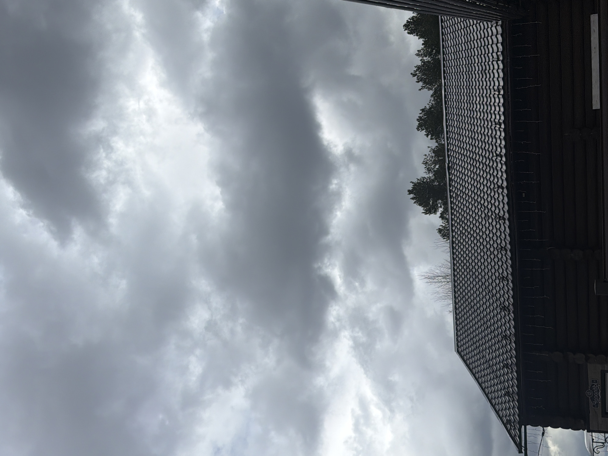 The image depicts a scene dominated by a heavily overcast sky above a building and trees. The sky is filled with thick, grey clouds, indicating dull weather, possibly hinting at rain, with some brighter areas where light penetrates.
On the right side of the frame, a dark, patterned roof of a building is visible, extending diagonally. The roof appears to be made of dark tiles, possibly metal, with a repeating, ridged texture. Below the roofline, the dark brown, log-built wall of the building can be seen.
Between the building and the expanse of clouds, the tops of several dark green coniferous trees are visible, and further to the left, some bare tree branches are silhouetted against the lighter clouds.
No people or explicit activities are captured in the static scene. The time of day is daytime, but the heavy cloud cover creates a subdued and muted light. A notable detail is a small white sign or plaque affixed to the wooden wall of the building. The text, in Cyrillic, clearly reads "Участок 18" (Uchastok 18), which translates to "Plot 18" or "Section 18." This detail, combined with the visible architecture and natural elements, suggests a rural or suburban setting in Chaikovsky, Russia.