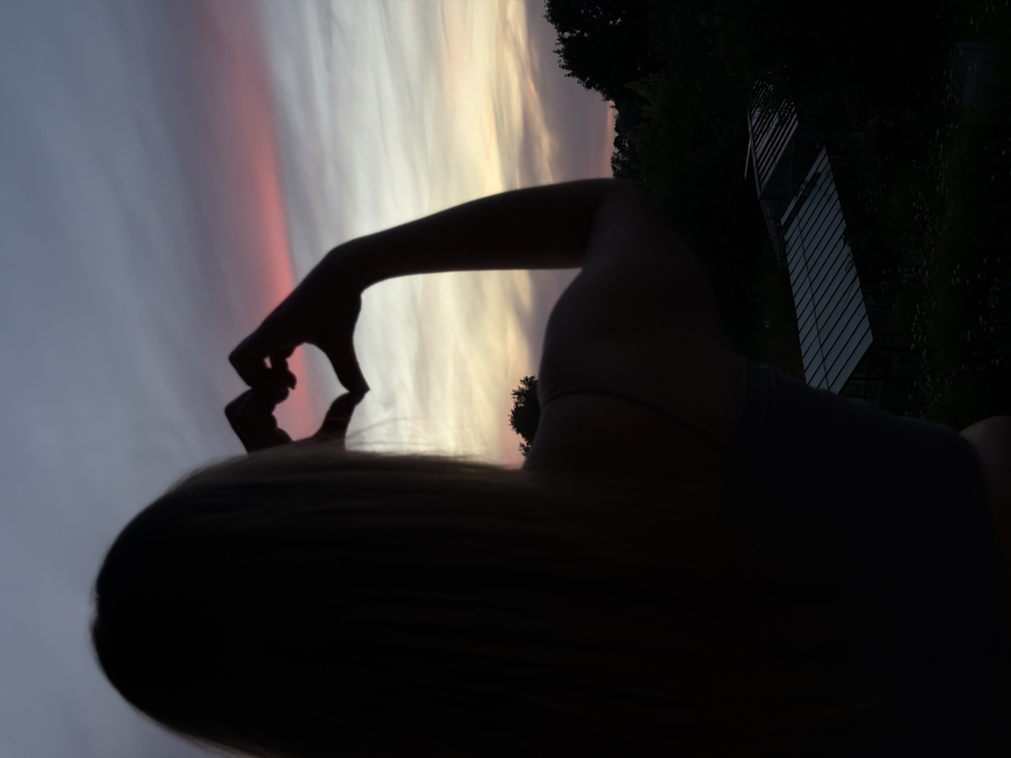 A silhouetted individual with blonde hair is facing away from the camera, forming a heart shape with their hands in front of a twilight sky. The sky is streaked with hues of purple, pink, and yellow, indicating either sunrise or sunset. Below the sky, a dark silhouette of trees and foliage is visible, with two small greenhouses or garden structures appearing in the lower right portion of the image. The location is identified as Dreiliņi, Latvia.