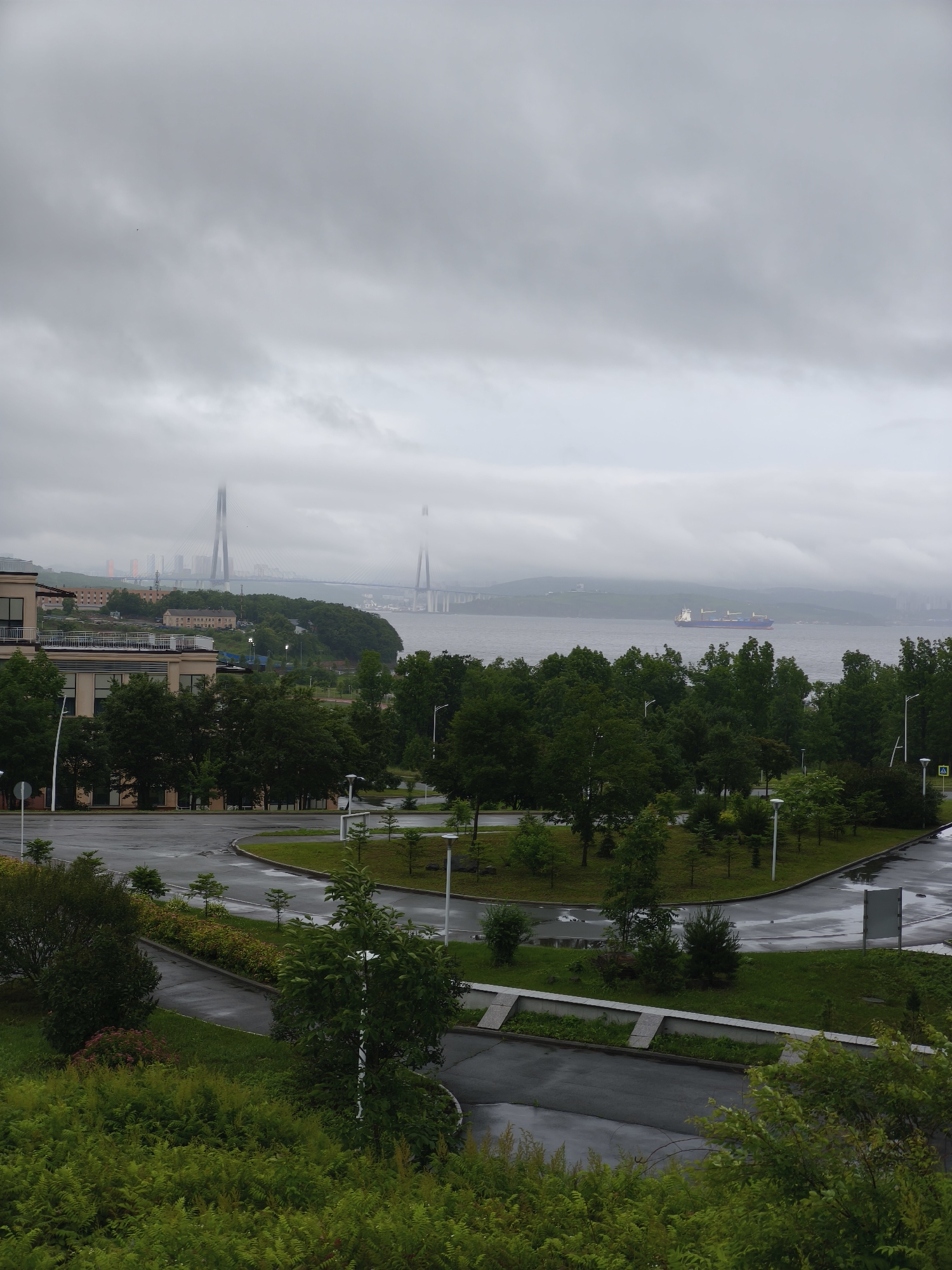 The image depicts a cloudy day on Russkiy Island, Russia, likely in the city of Vladivostok. In the foreground, a wet asphalt road curves through a green landscape dotted with trees and bushes. A modern building with beige siding and balconies is visible on the left. In the middle ground, a cluster of green trees forms a prominent feature. Further in the background, a large body of water stretches across the frame, spanned by a long suspension bridge. A cargo ship is visible on the water. The sky is overcast with thick gray clouds. The scene appears to be a park or campus area, with well-maintained greenery and paved pathways.