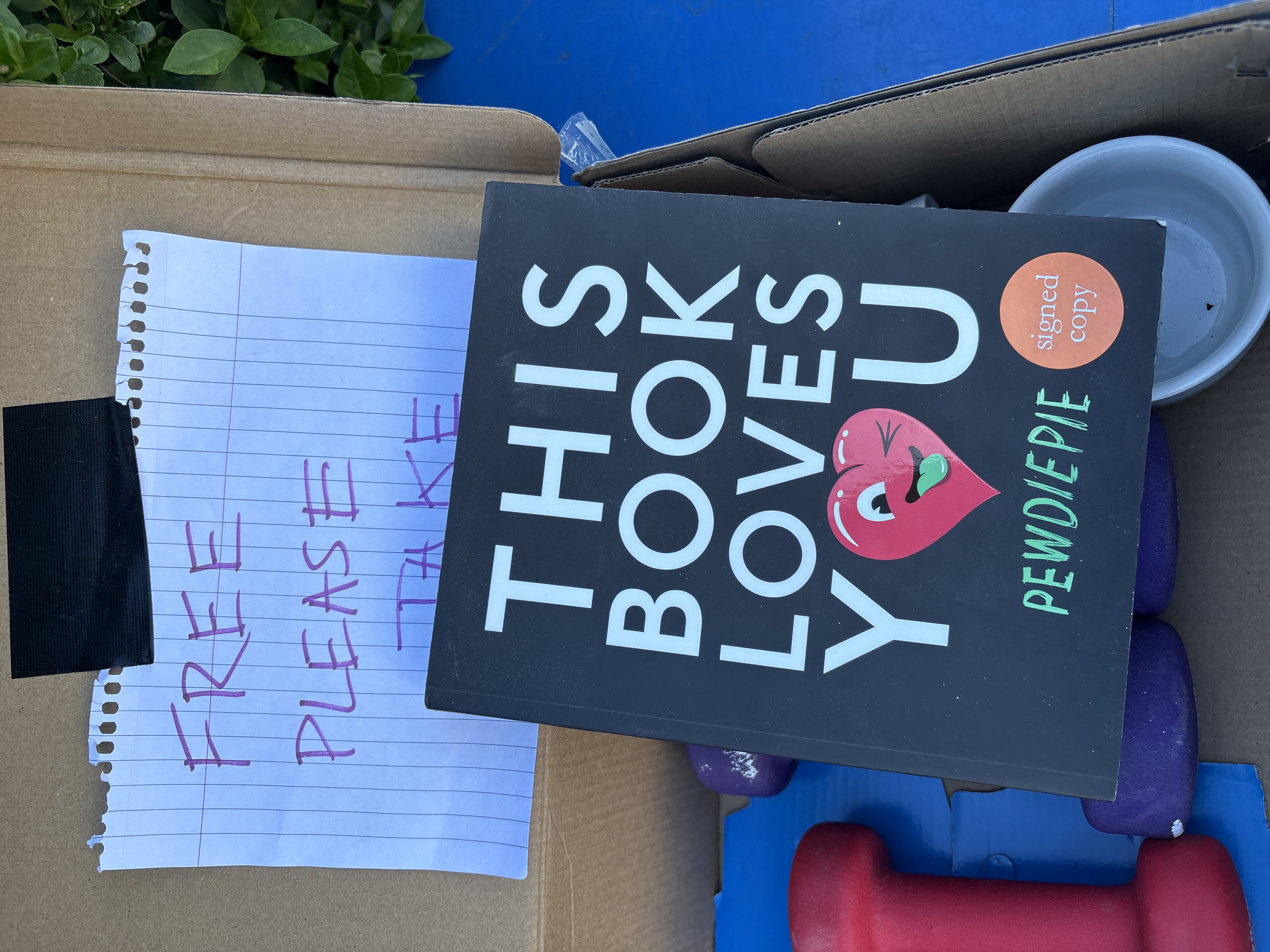A cardboard box contains a signed copy of PewDiePie's book, "This Book Loves You", alongside a handwritten note reading "Free Please Take". The box also contains a white bowl and several dumbbells of various colors (red, purple). The box is placed outdoors, with greenery visible in the background and a blue surface nearby.