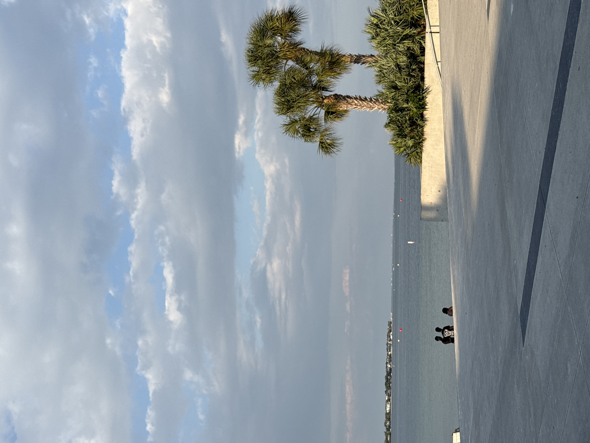 This image depicts a tranquil waterfront scene in Saint Petersburg, Florida, United States of America, likely along Tampa Bay. The foreground consists of a wide, light-grey concrete plaza with a darker horizontal rectangular strip embedded in its surface. To the right, the plaza ascends slightly, meeting a low, curved concrete wall behind which lush green palm shrubs and two distinct palm trees with tall, textured trunks and fronded tops are visible.
Three individuals are positioned on a lower concrete slab at the water's edge in the mid-ground, silhouetted against the brighter water. They appear to be seated or resting. The two individuals on the left are closer together; one wears a dark shirt with a light-colored graphic design on the back. The third individual is slightly to their right.
Beyond the concrete and individuals, a calm, expansive body of water stretches towards the horizon. Several small red and white buoys are visible on the water's surface. In the far distance across the bay, a low-lying landmass with scattered buildings and dense vegetation forms the opposing shoreline.
The sky is partly cloudy, featuring various grey-white cumulus clouds interspersed with patches of clear blue. The sun, positioned out of frame to the left, casts long shadows across the concrete plaza and illuminates the right side of the palm trees and the concrete wall, indicating either late afternoon or early morning lighting conditions. No specific interactions between the individuals are discernible beyond their shared presence.