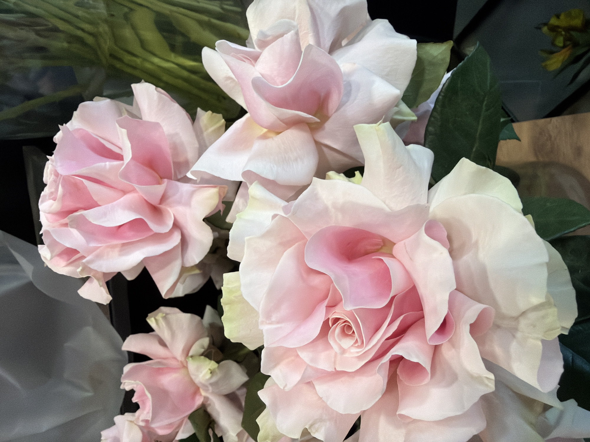 A close-up shot shows a bouquet of pale pink roses. The flowers are tightly packed, with many layers of soft, delicate petals. The lighting is soft and diffused, highlighting the velvety texture of the petals. The background is dark and out of focus, making the roses the clear subject of the image. The location is unknown.
