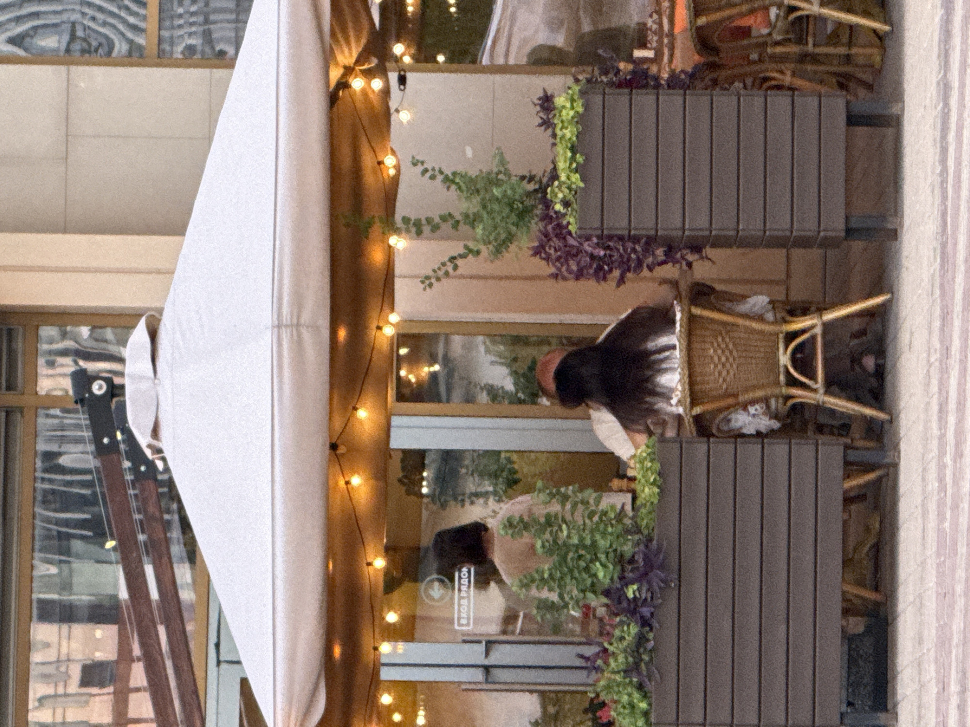 This media file shows an outdoor seating area of a restaurant in Moscow, Russia. A woman with long, dark hair is seated at a table, facing away from the camera. She is wearing a light-colored shirt and a hat. The seating area is decorated with string lights and potted plants, including vibrant purple and green foliage. In the background, there is a large window reflecting the surrounding environment, showing what appears to be a building and possibly other diners. The furniture consists of wicker chairs and dark brown planters. The overall atmosphere suggests a daytime or early evening scene. There is a sign on the window with Cyrillic text, but it is not entirely legible. The scene depicts a relaxed moment of a person enjoying the outdoor dining experience.