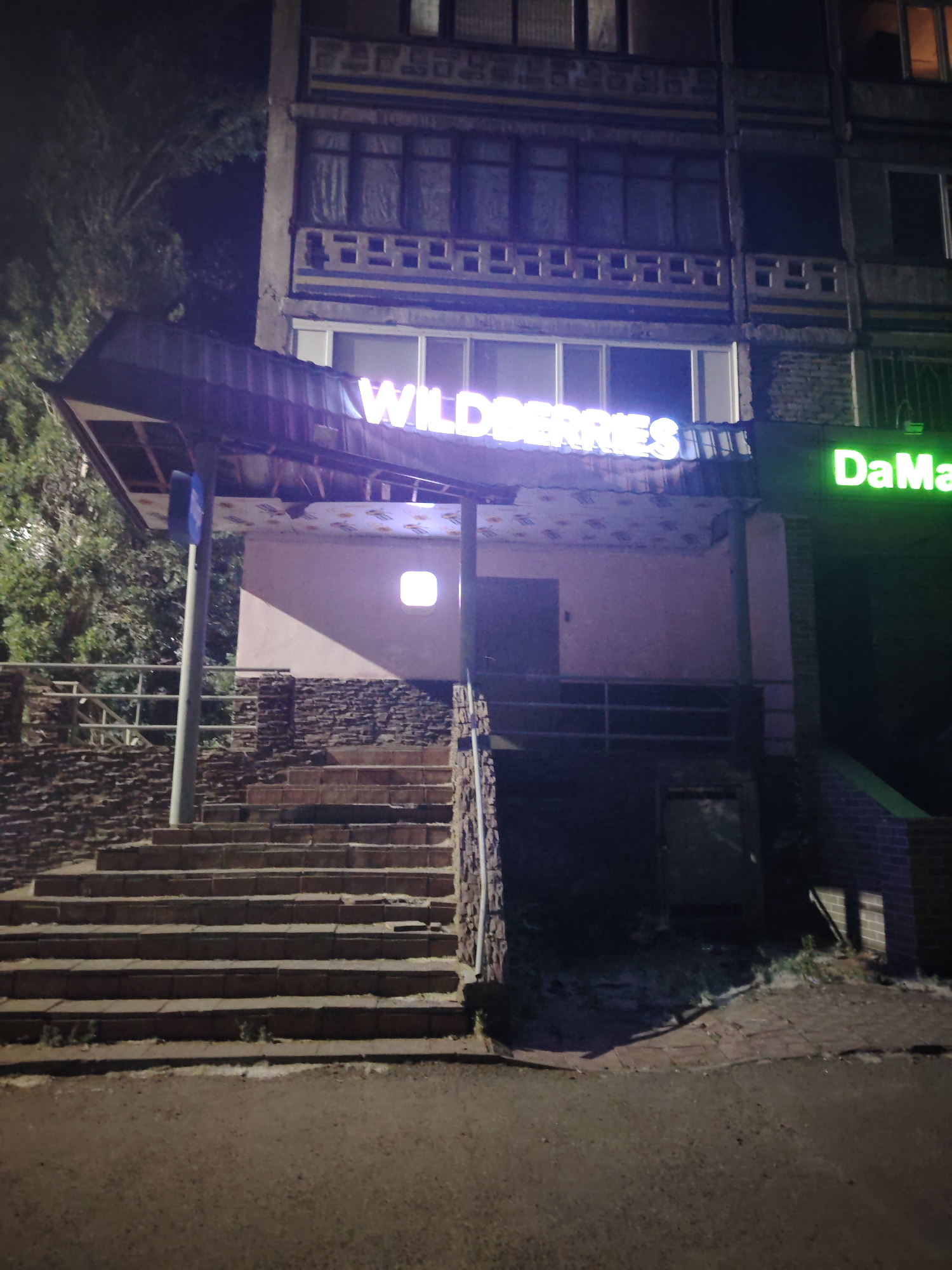 This nighttime image captures the exterior of a multi-story building located in the city of Pavlodar, Kazakhstan. The scene is illuminated primarily by commercial signage and internal lighting.
A prominent, bright white-purple neon sign displaying "WILDBERRIES" is affixed horizontally across the ground floor facade, above a series of windows. To its right, a green neon sign partially visible reads "DaMa."
A wide, dark-colored canopy extends from the building over an elevated entrance. A set of approximately 10-12 stone or concrete steps leads upward from the street level to this entrance. The stairs are bordered by retaining walls constructed from dark, irregular stone or brickwork. A single, illuminated square window is visible on a light-colored wall beneath the canopy, to the left of a dark entrance door. A tall, dark grey cylindrical pole stands vertically to the left of the stairs, supporting a blue sign-like object.
The upper floors of the building feature multiple windows, some dimly lit from within. The building's facade exhibits horizontal decorative elements. To the far left and behind the building, dense dark foliage from trees is visible against the night sky. The ground level in the foreground consists of dark asphalt or paved surface, with minimal, sparse vegetation near the base of the stair walls. No individuals are present in the scene.