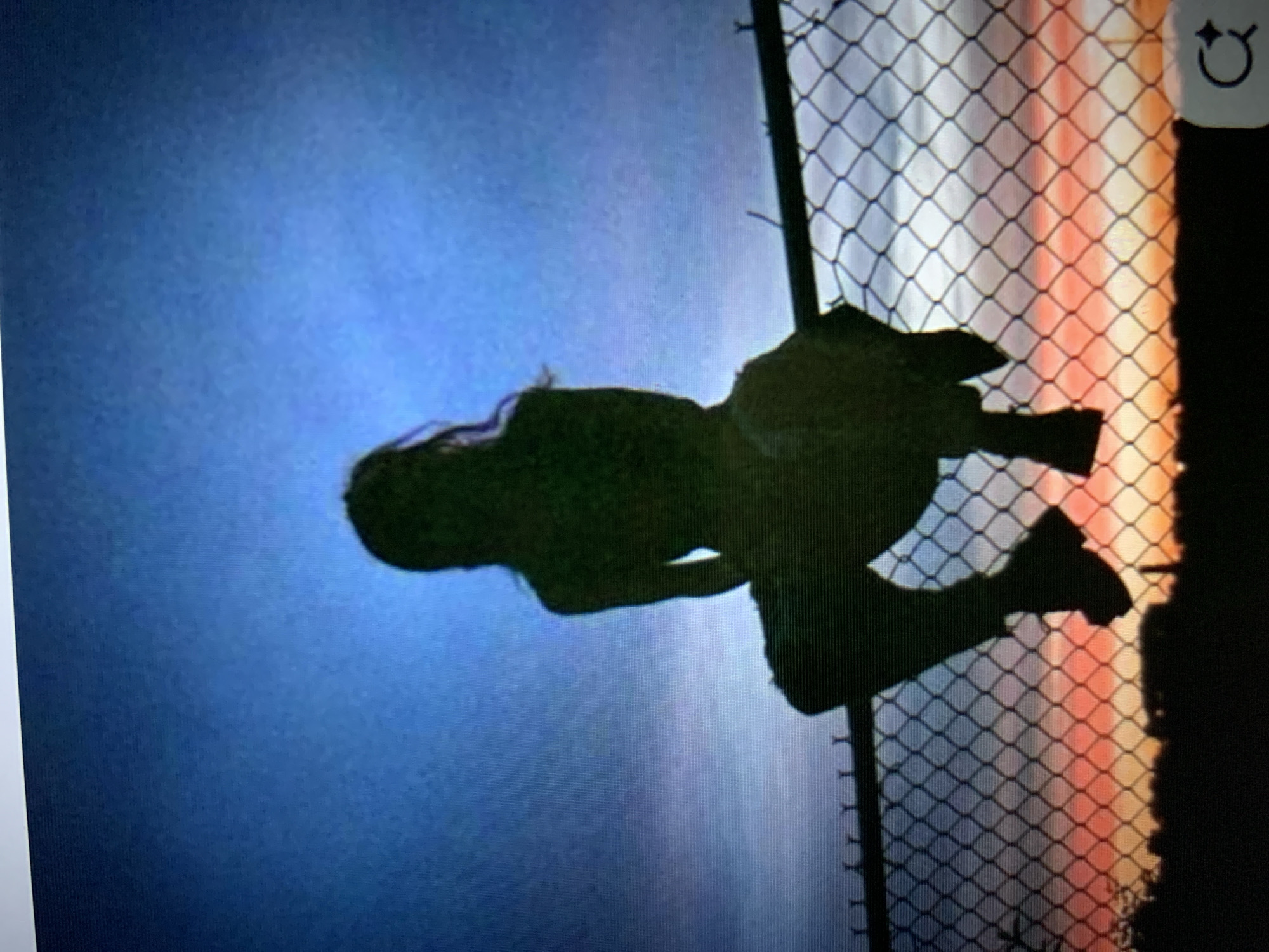 A silhouette of a young woman is perched on a chain-link fence at dusk. The sky behind her transitions from deep blue at the top to hues of orange and pink near the horizon, suggesting a sunset. The woman is facing away from the camera, her body in a relaxed, seated posture. Her legs are bent at the knees and her feet are dangling over the fence. She appears to be wearing loose-fitting pants or shorts. The fence itself is a standard chain-link barrier, with a horizontal top bar. Below the fence, the dark silhouettes of trees and possibly buildings are visible. The overall impression is one of solitude and reflection, set against a vibrant natural backdrop. There is no specific indication of the location being in Lymanka, Ukraine.
