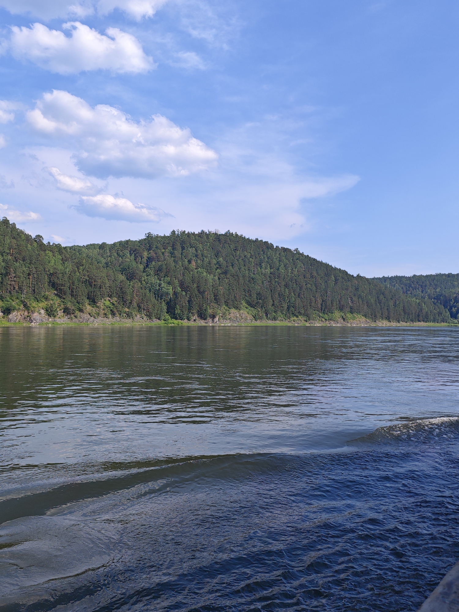 The image depicts a wide, calm river flowing in front of a densely forested hillside. The hillside is covered with a variety of green trees, predominantly coniferous, with some rocky outcrops visible along the waterline. The sky above is a clear blue, dotted with scattered white clouds. The foreground of the image shows the river's surface with gentle ripples, indicating movement, possibly from a boat. The water is dark and reflects the sky and the surrounding landscape. The scene appears to be a natural landscape, likely situated along the banks of the Yenisei River, which flows through the city of Predivinsk, Russia, known for its scenic riverine environment. There are no people or man-made structures immediately visible in the frame, emphasizing the natural beauty of the location.