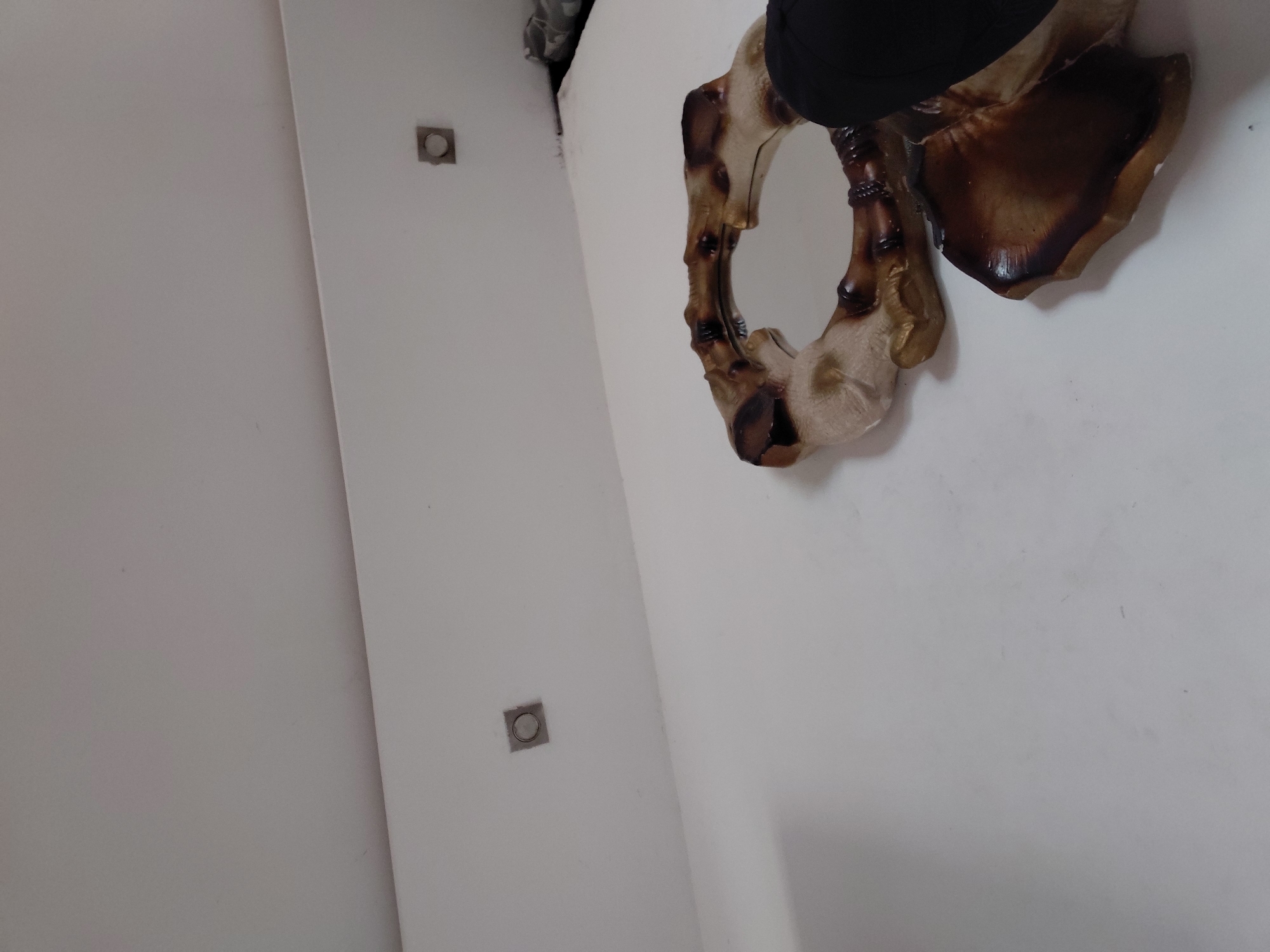 This indoor image, captured in Santa Ana, Venezuela, displays a static scene dominated by white or very light-colored walls, potentially showing a corner or a wall-ceiling junction. On the right side of the frame, a distinct decorative object is mounted. This object is a rustic, irregularly shaped piece, possibly a mirror frame or a wall ornament, crafted to resemble natural elements like aged bone or distressed wood. It exhibits a range of earthy tones, from light beige to rich brown, with darker, almost burnt-looking accents, and has a textured, organic surface. The central part of the object forms a roughly circular opening.
Further to the left, two identical square-shaped fixtures are visible on the wall. Each fixture is light-colored, blending with the wall, and features a small, circular, metallic component in its center. These could be electrical outlets, small embedded light fixtures, or sensors. The walls appear clean and unadorned. No people or activities are depicted, and the lighting is consistent with an interior setting, making the specific time of day or outdoor weather irrelevant. There is no visible text within the image.