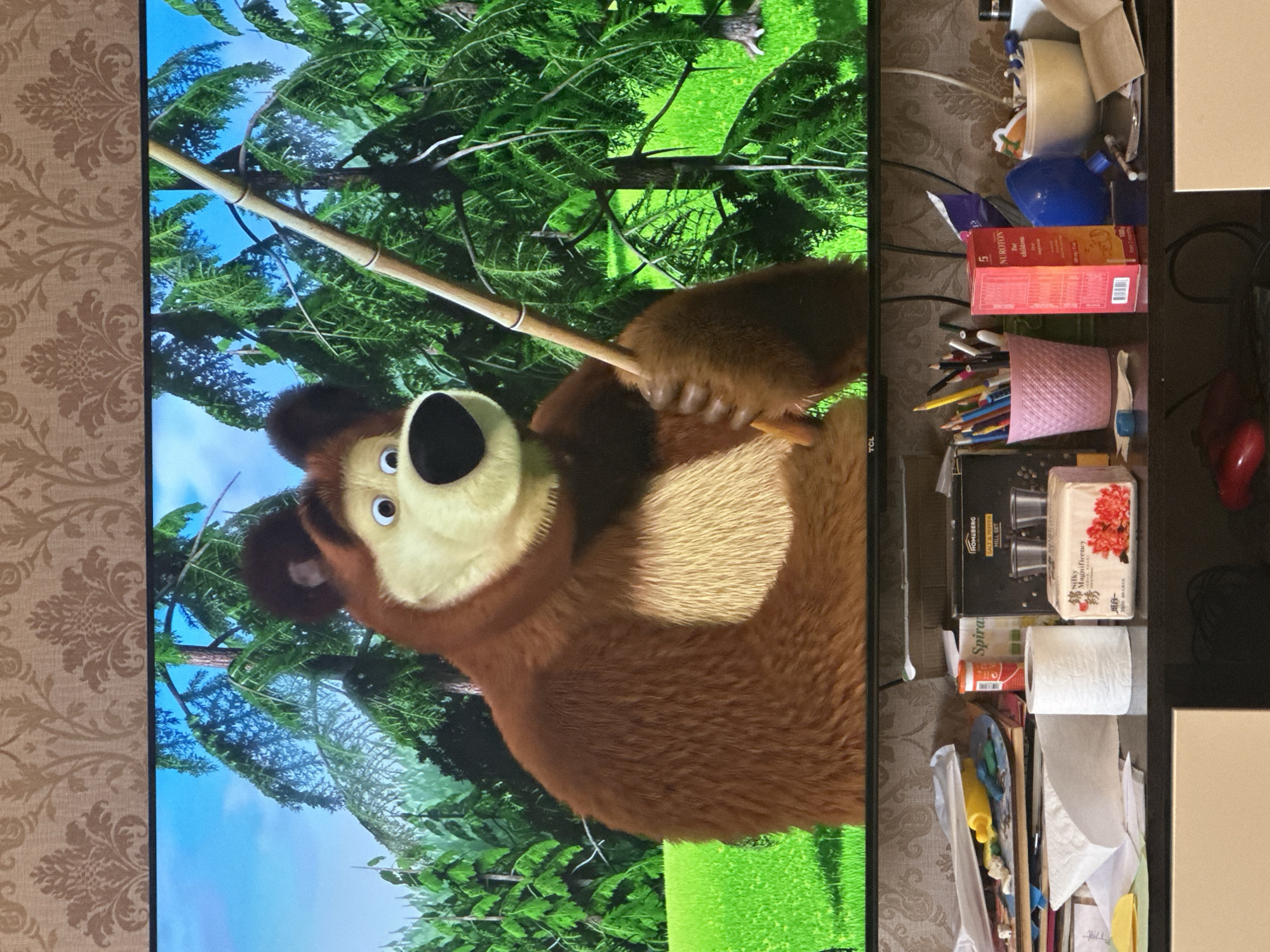 The image shows a TV displaying an animated character, a brown bear holding a bamboo stick, set against a background of trees and a blue sky. To the right of the TV, on a dark surface, are various household items, including a roll of toilet paper, a box of tissues, a pen holder with pencils, a box labeled "HOMEBERG SALT & PEPPER MILL SET", medicine, office supplies, and other miscellaneous objects. The background to the left of the TV features patterned wallpaper. The image does not include location information about Yerevan, Armenia.
