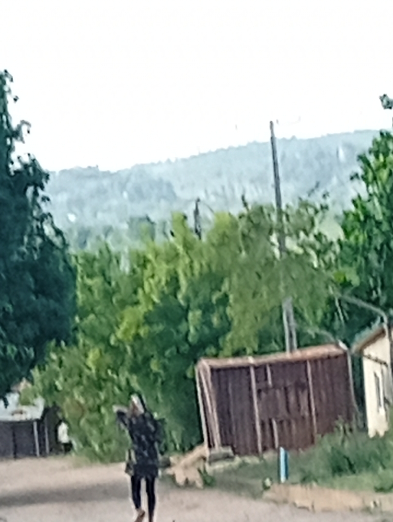 The image depicts a daytime scene in what appears to be a rural area. A person is walking along a dirt road, wearing a dark patterned top and dark pants. To the right of the road is a dark, weathered wooden structure. Behind it are green trees. In the background, a blurred mountain range is visible under a light sky. A utility pole stands near the wooden structure. Given the location provided (Adankolo, Nigeria), the scene likely represents a rural or semi-rural area within or near the city. The details are consistent with a less developed area featuring basic infrastructure and natural surroundings.