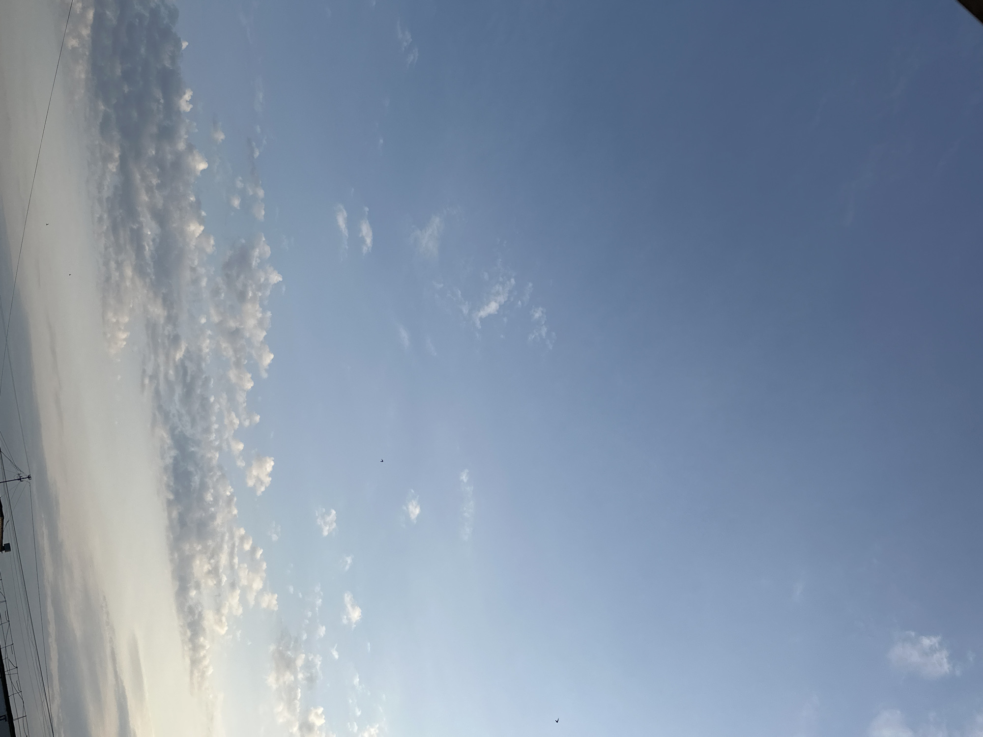 The image shows a view of the sky, light blue with some scattered clouds, taken outdoors. The location is Chaikovsky, Russia. The clouds are mostly concentrated on the left side of the image, appearing as small, puffy formations. On the far left, there are glimpses of utility poles and power lines. The sky is generally clear, becoming bluer toward the right of the frame. Two small dark specks are visible, presumably birds.