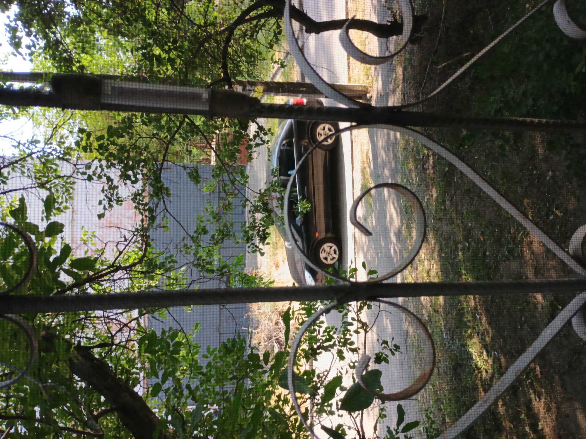 This image depicts an outdoor scene viewed through a screen and a decorative metal fence. The primary subject is a dark-colored car parked on a paved surface, likely a driveway or street, with a patch of dry grass and some trees visible in the background. Lush green foliage from trees and branches partially obscures the view, creating a sense of dappled light and shadow. The scene appears to be set during the daytime, with sunlight filtering through the leaves. The overall atmosphere is tranquil and natural, with hints of urban or suburban residential life due to the car and what appears to be a building facade in the far background. The perspective is from a slightly elevated position, looking down and across the scene. There is no discernible activity taking place other than the car being parked. A horizontal metal bar with a rectangular, reflective object is visible in the upper left portion of the frame. The decorative metal fence features ornate spiral designs. The setting, with its greenery and paved areas, suggests a residential or park-like environment in Zaporizhzhia, Ukraine.