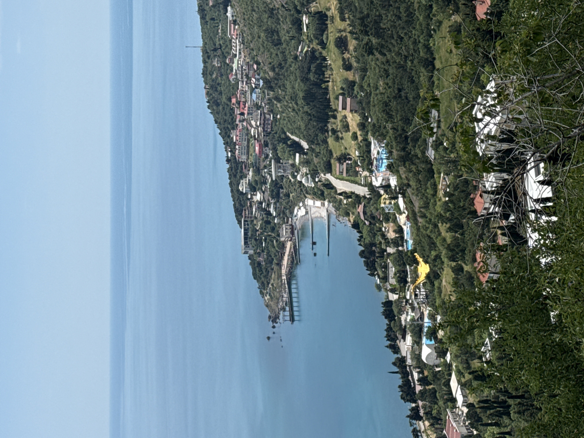 An aerial, wide shot captures a coastal town nestled on a steep, densely forested hillside overlooking a tranquil, deep blue sea under a clear, pale blue sky. The town features a collection of buildings with red, pink, and white roofs scattered amidst the lush greenery. A winding road snakes through the hillside, connecting various structures. Along the coastline, a long pier extends into the sea, and a small beach is visible. The water is calm with no visible boats or swimmers. In the foreground, the dense foliage of trees partially obscures the view of the lower parts of the town. The overall scene depicts a serene coastal settlement integrated into a mountainous landscape.