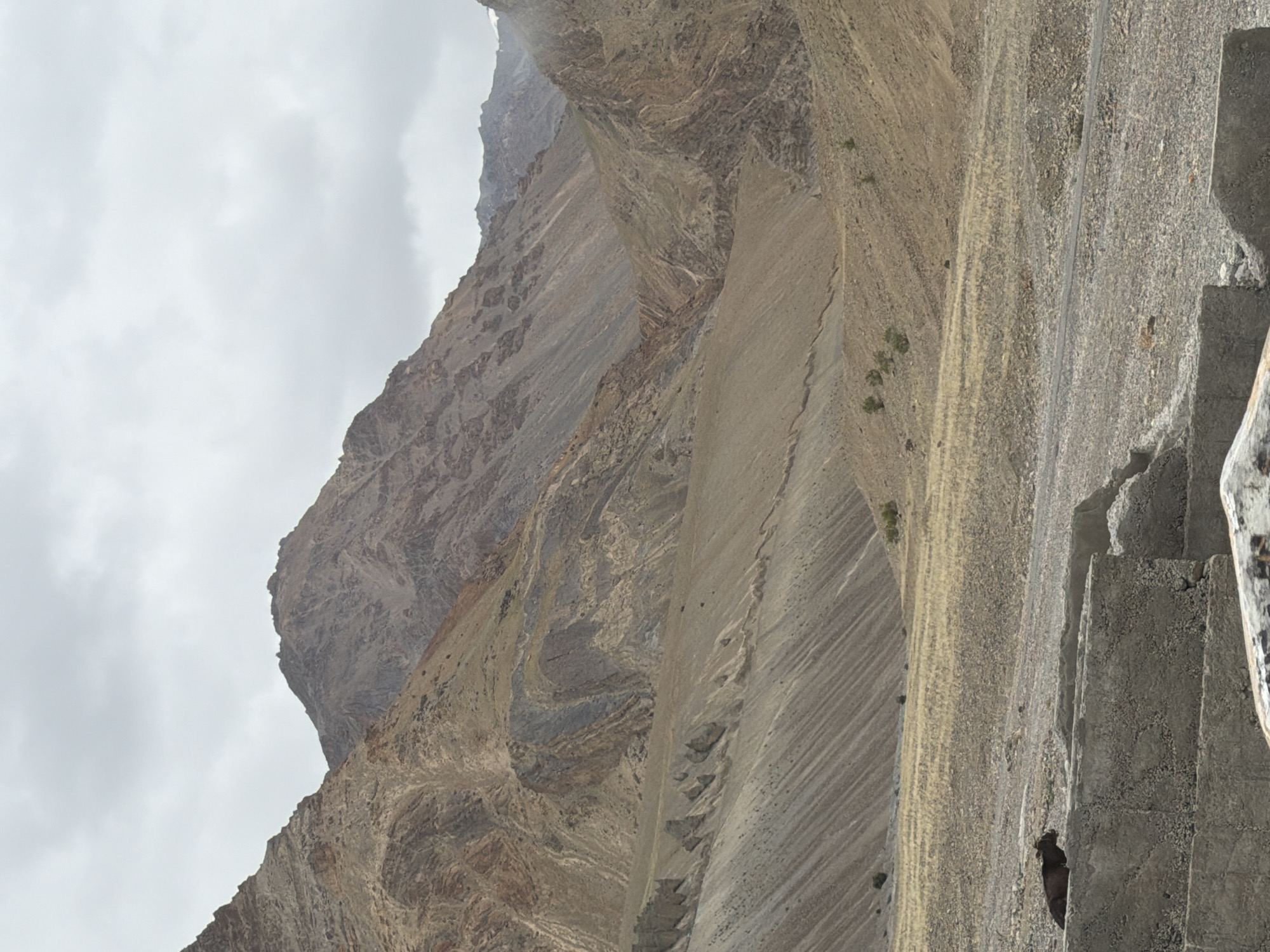 The image depicts a desolate mountain landscape in Stongde, India, characterized by arid terrain and towering, rugged peaks. The sky is overcast with a muted gray hue, contributing to the somber atmosphere. In the foreground, a rough concrete structure, possibly a partially constructed wall or barrier, is visible. A dark-colored animal, likely a yak or a similar livestock, is resting on top of this structure. The middle ground features a dry, rocky plain with sparse patches of yellowish-brown vegetation, suggesting a harsh climate. The background is dominated by immense mountains with exposed rock layers, displaying various shades of brown, tan, and gray. The geological formations are pronounced, with visible strata and erosion patterns indicating a long history of natural processes. The overall scene conveys a sense of isolation and natural grandeur.
