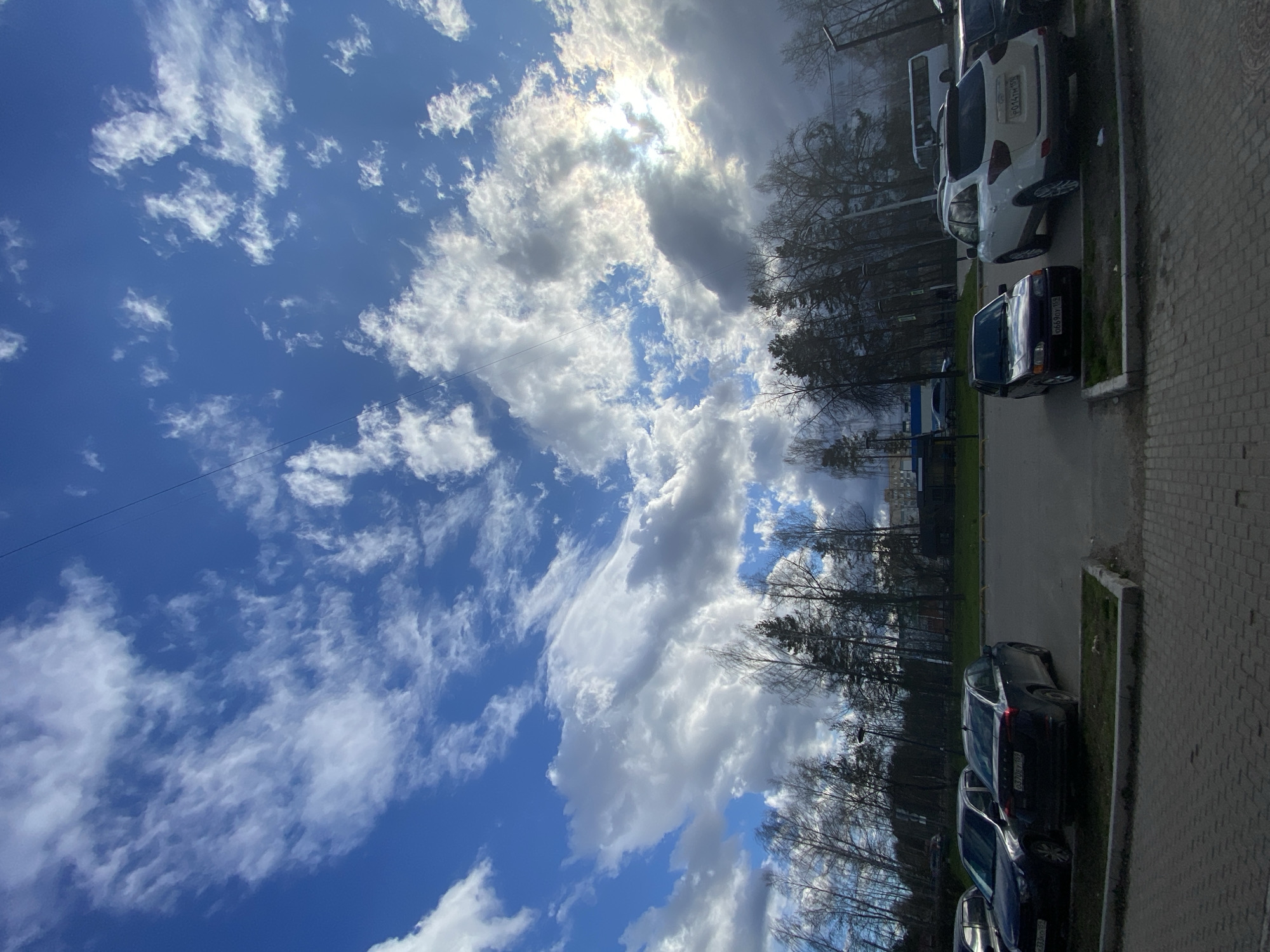 The image, rotated 90 degrees clockwise from its intended orientation, captures a daytime street scene in Chaikovsky, Russia. The upper two-thirds of the corrected image are dominated by a vibrant blue sky filled with numerous white and light gray cumulus clouds. The sun is visible, partially obscured by a bright cloud, creating a strong glare in the upper-right quadrant. Some clouds appear wispy, while others are dense and volumetric, casting subtle shadows. A thin utility wire stretches horizontally across the middle of the sky.
The lower third of the image features a street or parking area bordered by a paved sidewalk made of light-colored bricks. Several cars are parked parallel to the curb. A white SUV, possibly a Hyundai Santa Fe, is prominent with the Russian license plate "В014TM 159". Directly in front of it, a dark-colored sedan, possibly a Lada, displays the license plate "О669УТ 159". Further along, two more dark sedans are partially visible, one with "СХ437... 159" and another with "ОЖ707... 159". A white bus is also partly visible behind the white SUV.
A narrow strip of grass runs between the paved road and the sidewalk. Behind the parked cars, a line of mostly bare deciduous trees with dark, intricate branches extends into the midground, silhouetted against the bright sky. The trees indicate a season of late autumn, winter, or early spring. The overall weather appears bright and partly cloudy. The visible Russian license plates confirm the geographical context.