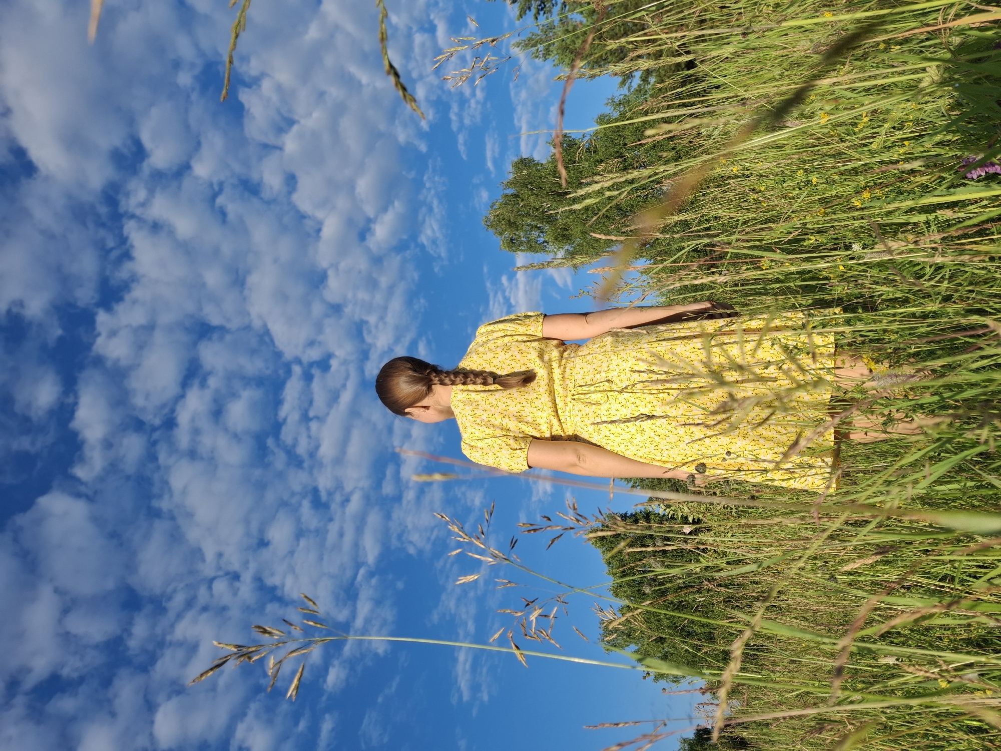 A young person with long brown hair in a braid stands in a field of tall grass, looking away from the camera. They are wearing a yellow dress with a floral pattern. The sky above is a vibrant blue with scattered white clouds. The scene is filled with the tall green stalks of grass, with some dried grasses and small yellow and purple wildflowers visible. In the background, lush green trees are silhouetted against the sky. The lighting suggests it is daytime, likely late afternoon or early evening, with the sun casting a warm glow. The overall impression is one of a peaceful, natural setting. The image was taken in Chaikovsky, Russia. There is no visible text in the media file.