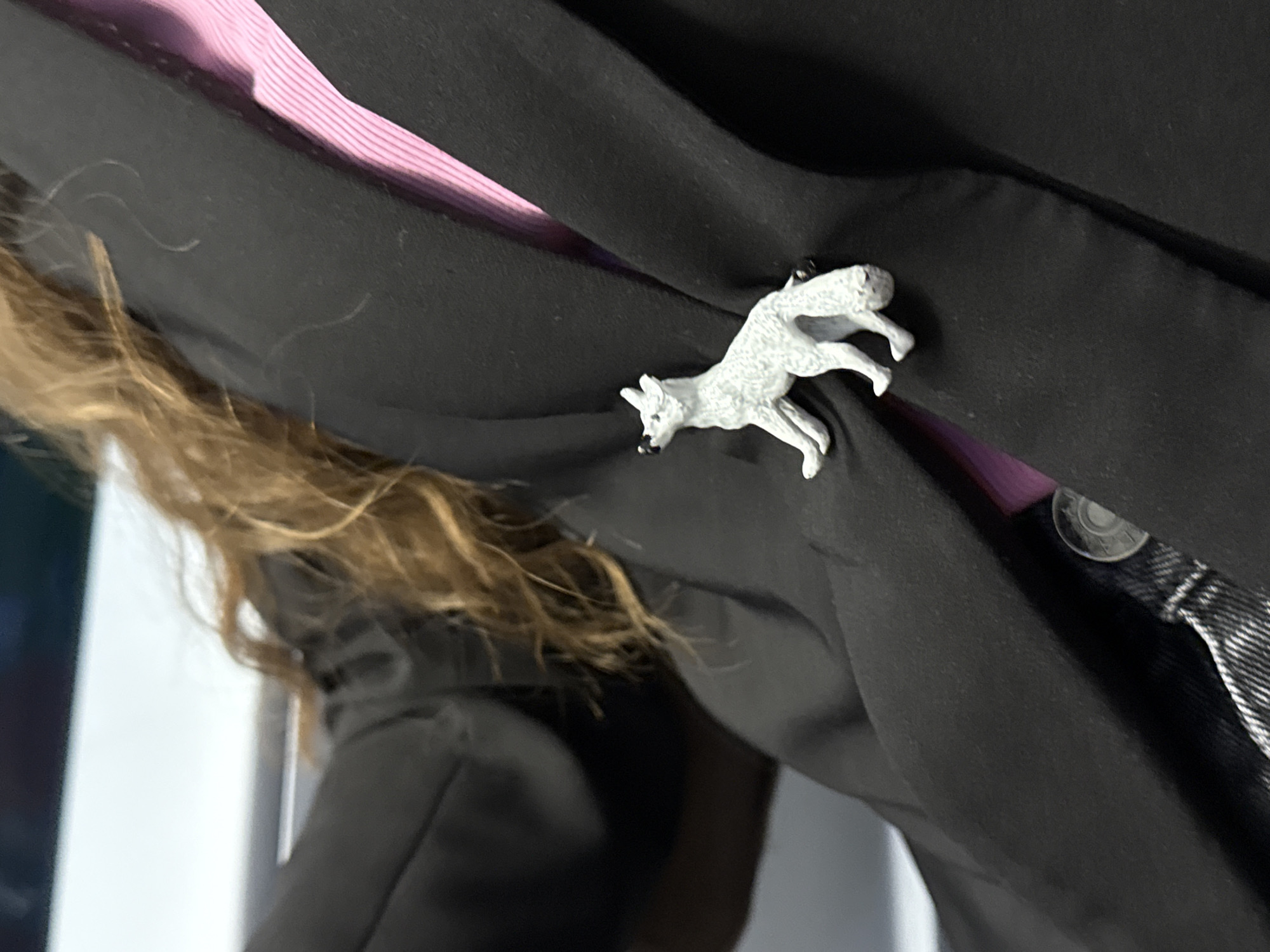The image captures a close-up, angled view of a person's upper body, focusing on their attire and a decorative pin. The central subject is a silver or light grey animal-shaped pin, resembling a fox or wolf, depicted in a dynamic running or leaping pose. The pin exhibits detailed texture and includes darker accents on its muzzle.
It is attached to a black fabric garment, likely a blazer or jacket, which shows subtle folds. Beneath this black garment, a pink fabric with horizontal stripes is visible. Long, light brown or blonde wavy hair cascades over the black fabric, indicating the presence of a person. On the right side of the frame, a partial view of another garment reveals a metal button and a textured fabric, consistent with black denim, suggesting layered clothing.
The scene appears to be set indoors, inferred from the lighting conditions and the absence of outdoor elements. No specific activity is taking place other than the person wearing the clothing and the pin. There is no visible text in the image. The time of day is not explicitly indicated but appears well-lit. The provided context places the location in Saint Petersburg, Russia.