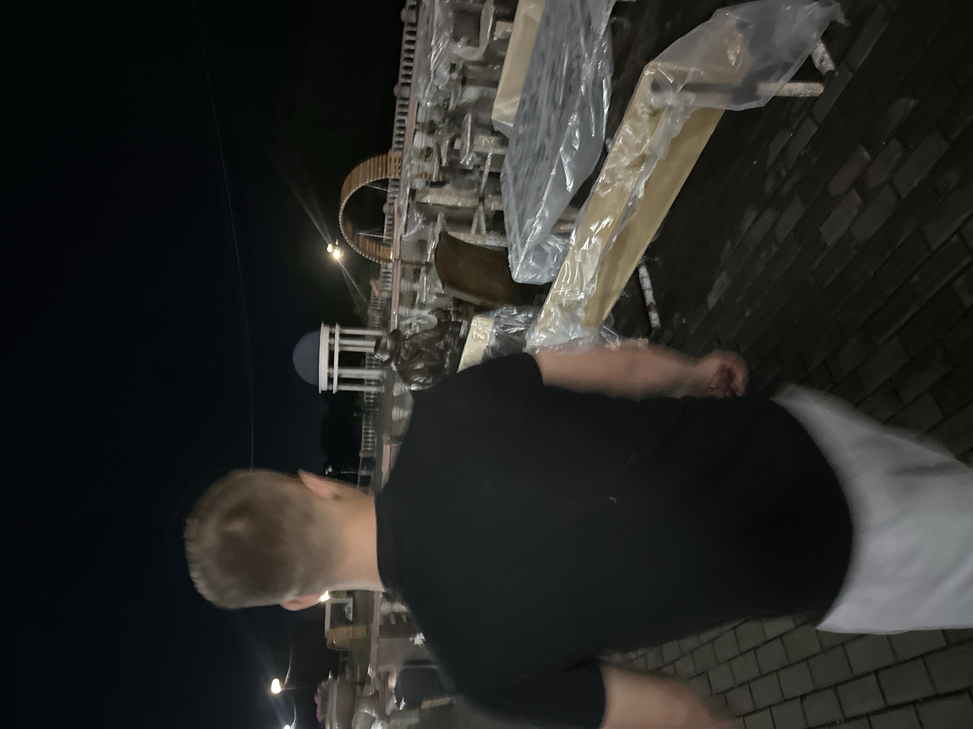 The image depicts a nighttime scene in Birobidzhan, Russia, featuring a person in the foreground from the shoulders down, wearing a black t-shirt and white shorts. The person is walking away from the camera towards a structure that appears to be under construction or renovation.
Behind the individual, a large, multi-level structure is visible, partially covered in plastic sheeting, suggesting ongoing work. This structure has architectural elements like arches and what might be a dome, hinting at a public space, possibly a park or an entertainment venue. Several lights are illuminated around the structure, casting a glow against the dark sky, which indicates it is nighttime. The ground is paved with what looks like brick or stone tiles, and a dark, possibly wet, surface is visible in the background.
There are no discernible emotions expressed by the visible subject, as their face is not in view. The weather is not indicated, but the darkness suggests it is after sunset. The overall impression is one of activity in a public area during the evening, possibly related to development or maintenance of a recreational or decorative space. No visible text is present in the image.