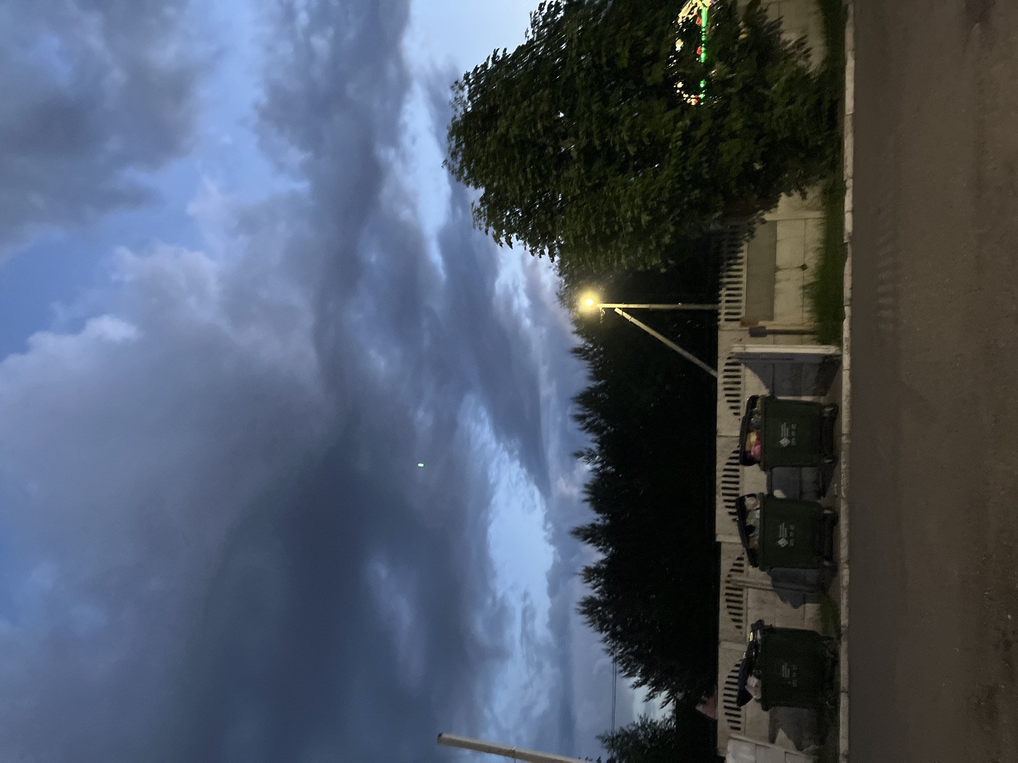 This media file captures an outdoor scene at dusk or early night in Ореховка, Russia, characterized by a heavily clouded sky and artificial lighting. The image is oriented vertically, with the sky dominating the left side and ground-level features on the right.
The sky is filled with dark, heavy clouds, ranging from deep grays to blues, suggesting an overcast evening or an approaching storm. In some areas, lighter patches of sky are visible, allowing hints of a pale blue. A small, bright green dot is present in the central-left sky, possibly a lens flare or a distant light.
On the right side of the image, a paved road or pathway runs horizontally along the bottom edge. Above it, a light-colored concrete or stone fence with a ribbed texture stretches across the scene, separating the road from a property. Along this fence, three dark green, wheeled garbage bins are lined up. They appear full, with some trash overflowing. White Cyrillic text is visible on the bins; on at least one, it reads "УТИЛИЗАЦИЯ ОТХОДОВ" (Waste Disposal) and a possible phone number "226-00-02".
Trees with dense, dark green foliage occupy the upper right portion of the image, extending downwards along the fence line. A bright yellow street light mounted on a pole illuminates part of the scene from the right side, casting a warm glow. Additionally, what appears to be decorative lights, possibly Christmas lights, with green and red colors, are visible on a tree in the top right corner. No people are visible, and no specific activity is taking place, lending a quiet, somewhat somber atmosphere to the scene under the heavy clouds and dim light.