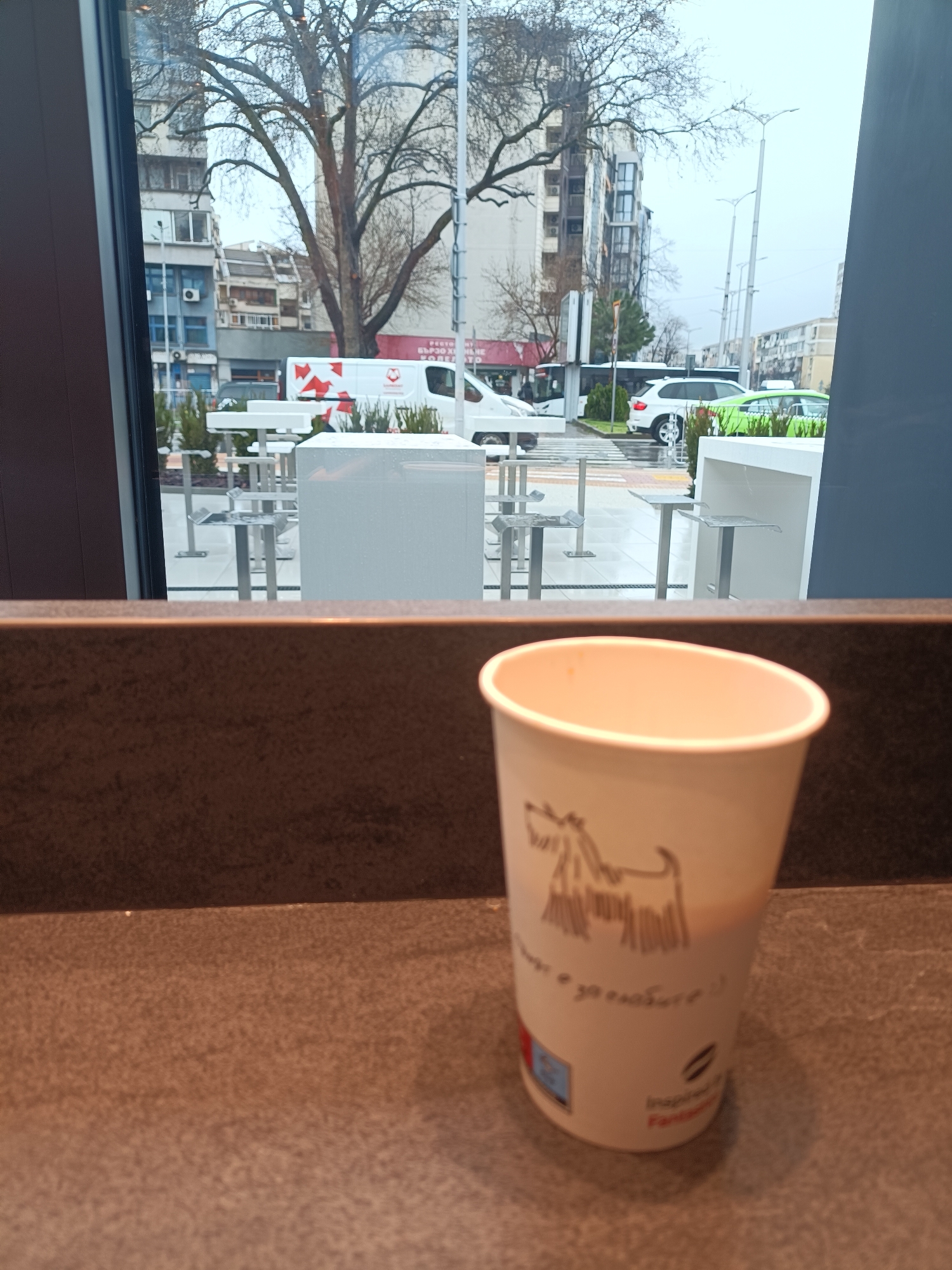 The image depicts a coffee cup with a dog illustration on it, placed on a dark surface. Through a window behind the cup, an urban scene is visible. A white van with red cross markings and several cars are parked outside. The scene appears to be taken from inside a building, possibly a café. Outdoor seating is visible, including white tables and chairs. The setting is likely a street in Plovdiv, Bulgaria, judging by the architecture. It seems to be a cloudy day, and the street is wet, suggesting it has recently rained.