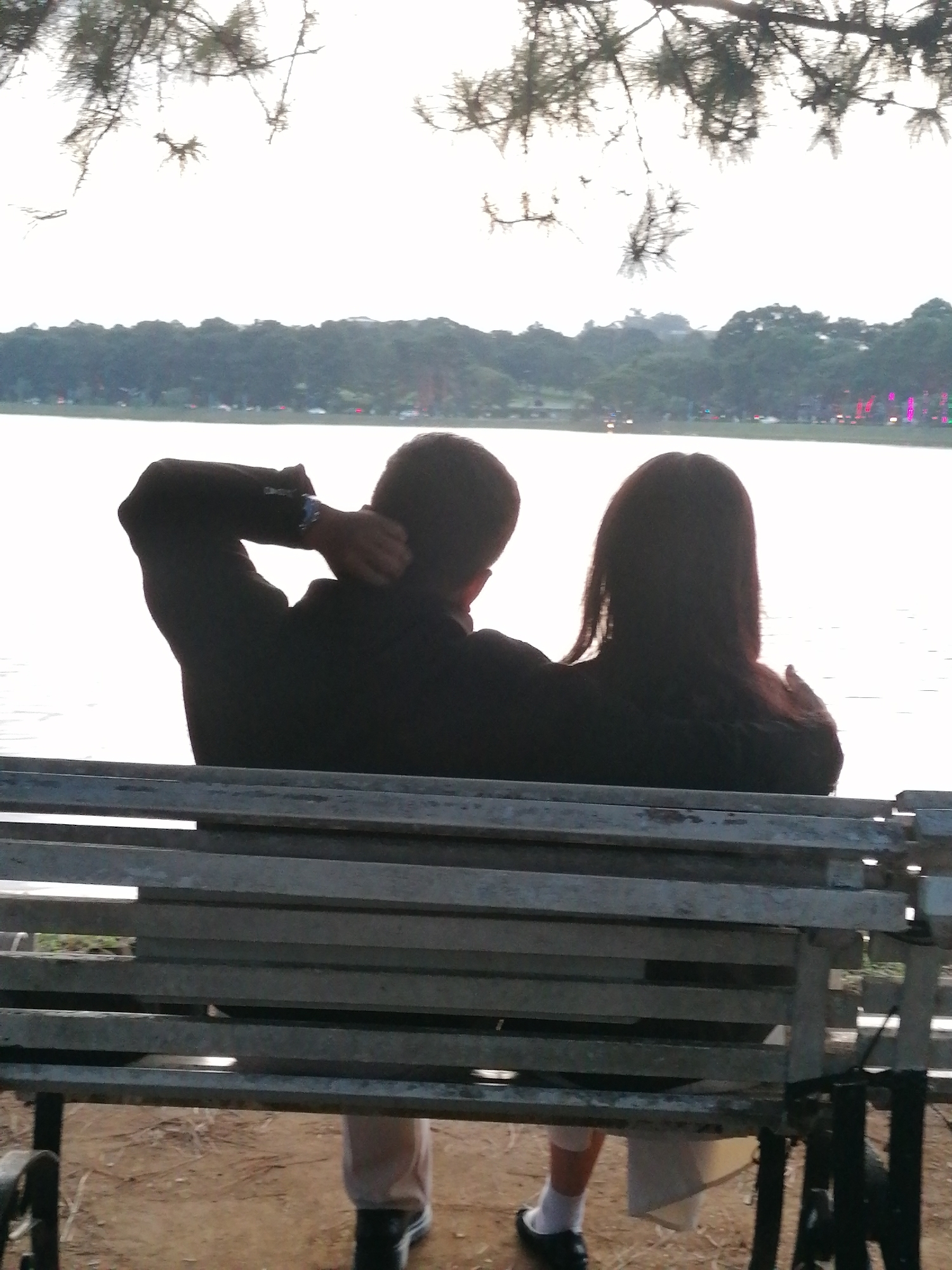 The image shows a couple sitting on a bench, viewed from behind, looking out at a lake in Da Lat, Vietnam. The man on the left has his arm behind his head, and the woman on the right has her arm resting on her lap. They are both dressed in dark clothing. The bench is made of weathered wood and metal. The lake is calm, and the background shows a line of trees and some distant lights, suggesting it is evening. Pine branches hang from the top of the frame, adding to the natural setting. The overall impression is one of quiet contemplation by the lake.