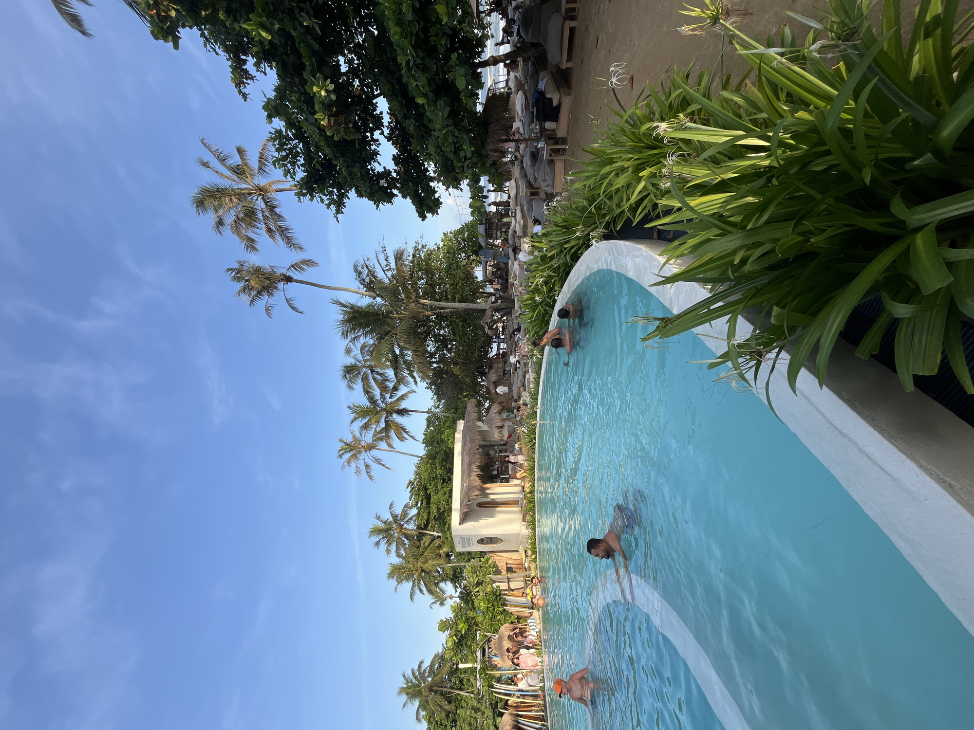 The image depicts a vibrant scene at a tropical beachside resort in Peleana, Sri Lanka. A clear blue sky suggests a bright, sunny day, possibly late afternoon given the warm lighting. The foreground features a resort pool with light blue water, where several people are visible enjoying a swim. One man is clearly visible in the right side of the pool, swimming towards the viewer.
Behind the pool, a stretch of sandy beach is lined with numerous lounge chairs, tables, and umbrellas, indicating a popular spot for relaxation and socializing. Lush green palm trees and dense foliage dominate the background, characteristic of a tropical environment. In the distance, the ocean can be seen, with gentle waves and a few distant figures enjoying the water.
A white building with a thatched roof and open-air seating is nestled among the trees, likely serving as a bar or restaurant. Surfboards are stacked neatly along the beach, hinting at surf activities or a surf-themed atmosphere. The overall mood is relaxed and leisurely, with people enjoying the warm weather and resort amenities. The scene evokes a sense of vacation and tropical escape.
