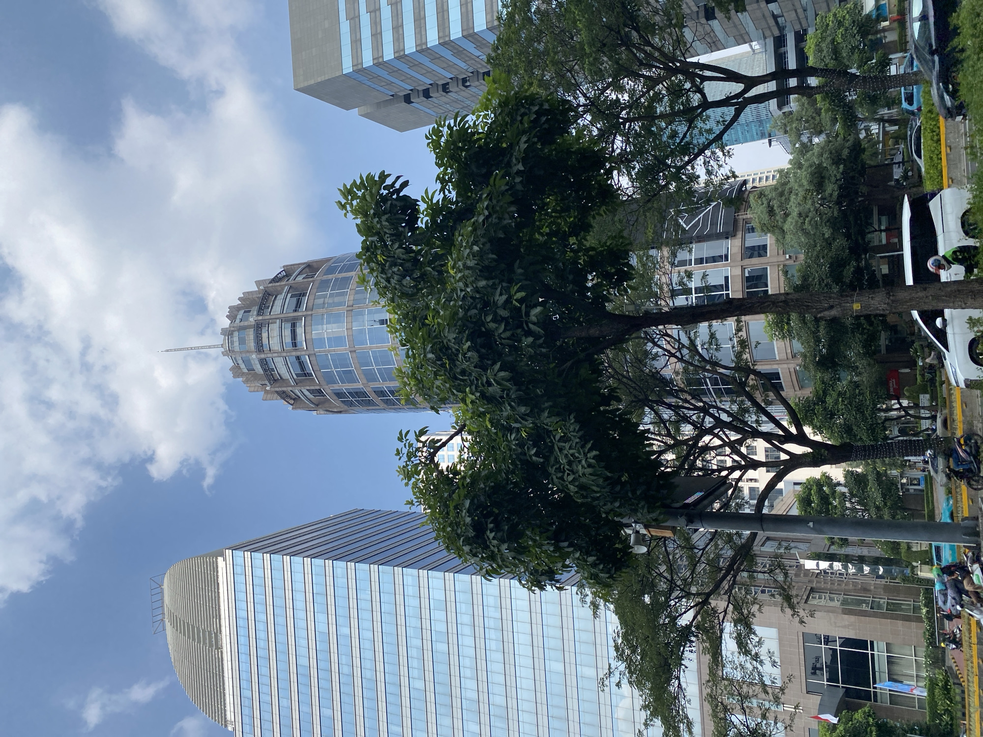 The image depicts a street scene in Central Jakarta, Indonesia, focusing on modern skyscrapers and lush green trees. A tall, curved skyscraper with a silver-capped roof dominates the left side of the frame. To its right, a distinct round tower with a pointed spire stands prominently. Further to the right, another rectangular skyscraper with blue-tinted windows is visible. These buildings represent the contemporary urban architecture of the city.
In the foreground, several trees with dense green foliage create a natural barrier between the street and the buildings. A traffic light pole with what appears to be a speaker or surveillance device is positioned near the center of the image, illuminated by the bright daylight.
The street level shows various vehicles, including motorcycles, a light blue car, and a white van. Several individuals are seen riding motorcycles, suggesting typical urban commuting. The sky above is a clear blue, dotted with white, fluffy clouds, indicating a pleasant day. The overall impression is a juxtaposition of advanced urban development and natural elements within the bustling environment of Central Jakarta.