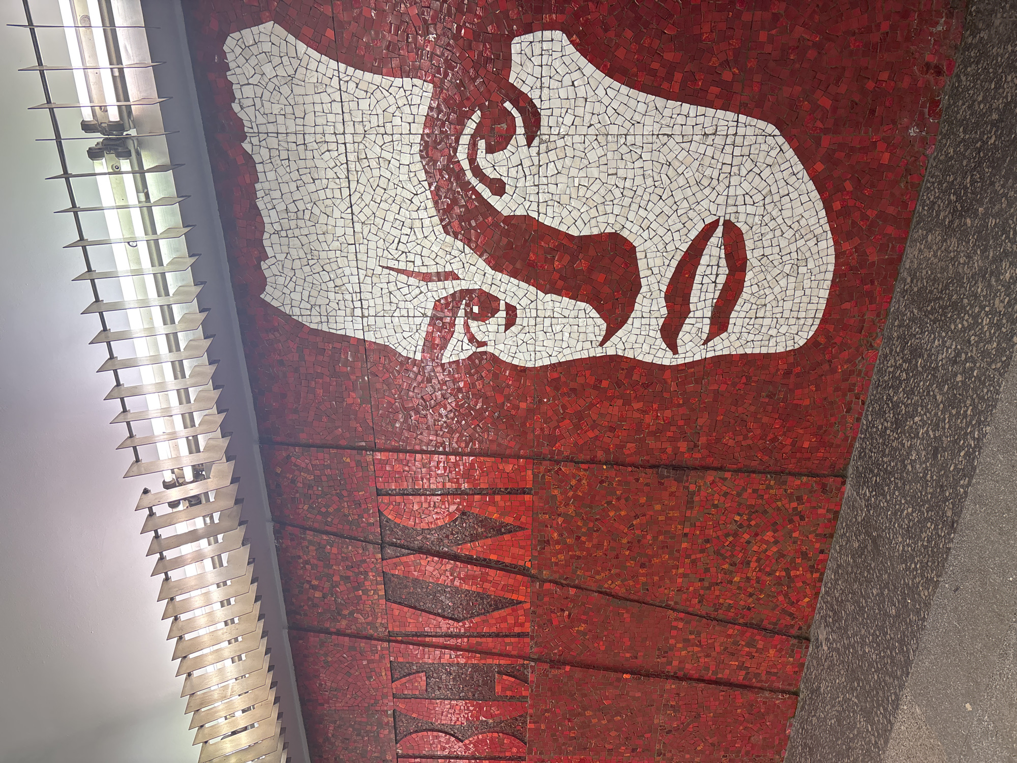 A mosaic adorns a wall in the Avtovo metro station in Saint Petersburg, Russia. The mosaic is primarily red, with a white image of what appears to be a woman with a hand near her face. At the bottom of the mosaic are red letters. To the left is a fluorescent light fixture. A portion of the floor is visible on the right.