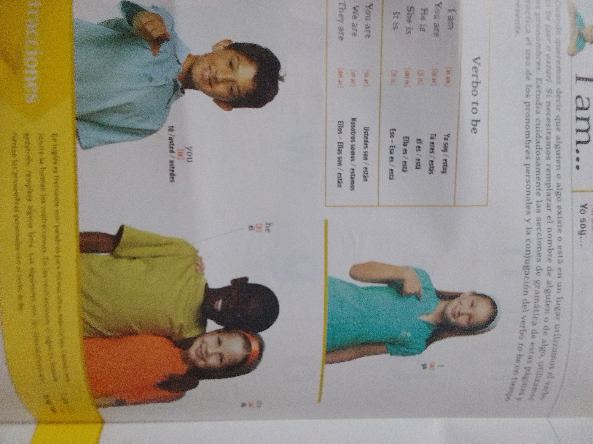 The image shows a page from a Spanish language learning book, likely for children, with accompanying illustrations. The page focuses on the English verb "to be" and its conjugation, presented in both English and Spanish.
The subjects are primarily children. On the left side, a young boy is pictured, pointing to himself, illustrating the "I am" conjugation. Below him, two children, a boy and a girl, are shown with their arms around each other, representing "You are," "We are," or "They are." On the right side, a girl is pointing to herself, demonstrating "I am" in the context of the verb "to be."
The text on the page includes English phrases like "I am," "You are," "He is," "She is," and "It is," paired with their Spanish translations such as "Yo soy/estoy," "Tú eres/estás," "Él es/está," "Ella es/está," and "Eso - Esa es/está." There is also a section explaining the use of pronouns and contractions in English, with Spanish explanations. The title of the section is "Verbo to be" (Verb to be), and there are also headings like "Stracciones" (likely meaning "Contractions") and "Yo soy..." (I am...).
The setting appears to be a classroom or study environment, suggested by the textbook page format and the organized presentation of information. The children's expressions are generally positive and engaged. The lighting suggests it's daytime. The text "La Tagua, Venezuela" is visible in the prompt, indicating the geographical context, but there are no direct visual cues in the image itself to confirm this specific location. The overall mood is educational and encouraging, aiming to teach English grammar.