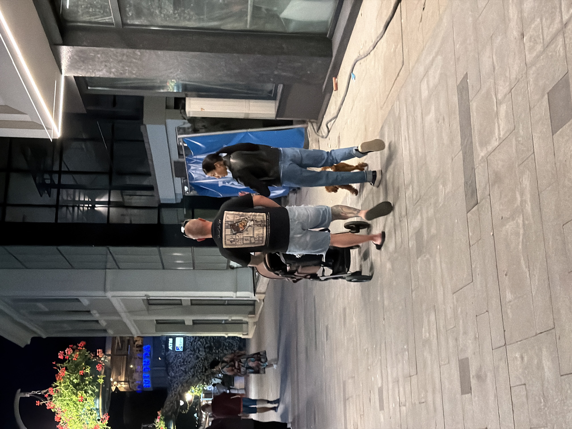 In Burgas, Bulgaria, on a stone-paved walkway at night, a man and a woman walk away from the camera. The man, wearing a black t-shirt with a graphic print and denim shorts, pushes a stroller. The woman, in a black leather jacket and blue jeans, walks beside him, with a small, light brown dog on a leash at her feet. Behind them, other pedestrians are visible further down the walkway, and buildings with illuminated windows and signage line the street. Red flowers are displayed in hanging baskets above the walkway, and construction barriers are present in the background.