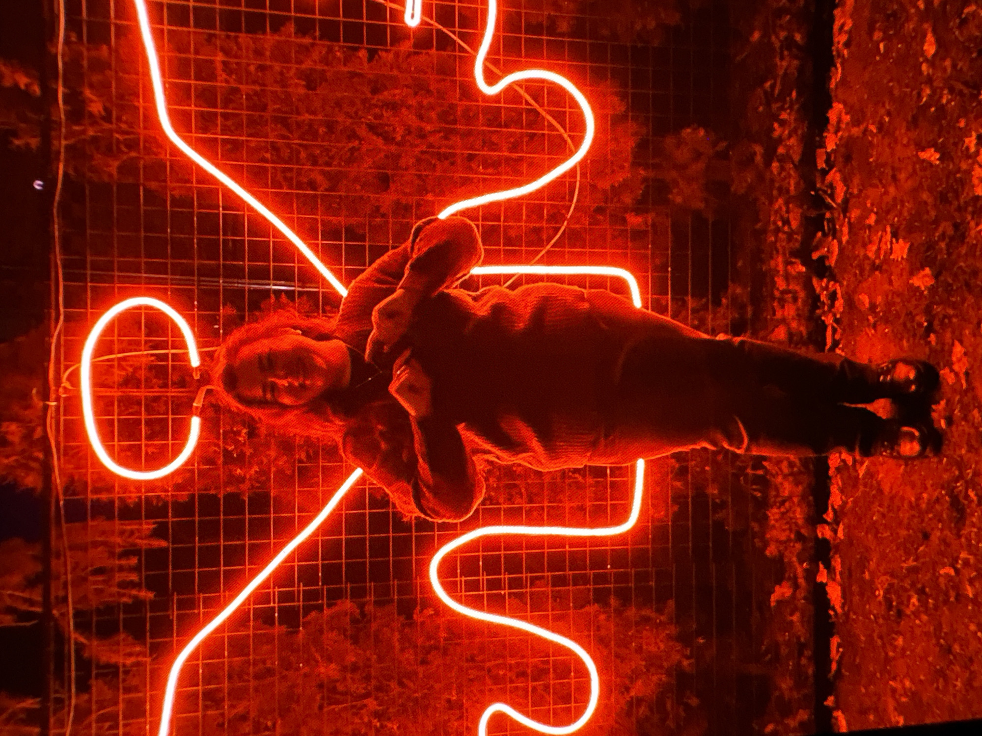 The image shows a person lying on a grid made of bright red neon lights. The neon lights are shaped like a puzzle piece, and the person is positioned within the outline of the puzzle piece. The person is wearing a dark-colored, possibly knitted, outfit. Their arms are crossed over their chest, and their head is slightly tilted, resting on their crossed arms. Their eyes are open, and they appear to be looking towards the camera with a calm or neutral expression.
The background consists of what appears to be foliage and possibly fallen leaves, all illuminated by the intense red glow of the neon lights. The overall scene is dark, suggesting it is nighttime or a dimly lit environment. The intense red lighting creates a dramatic and somewhat surreal atmosphere. The grid structure underlying the neon lights is visible, adding a geometric element to the scene. The person's body is mostly contained within the puzzle piece outline, with their feet extending slightly beyond the illuminated shape. The lighting casts a strong glow on the person and the immediate surroundings, obscuring finer details in the background. No text is visible in the image.