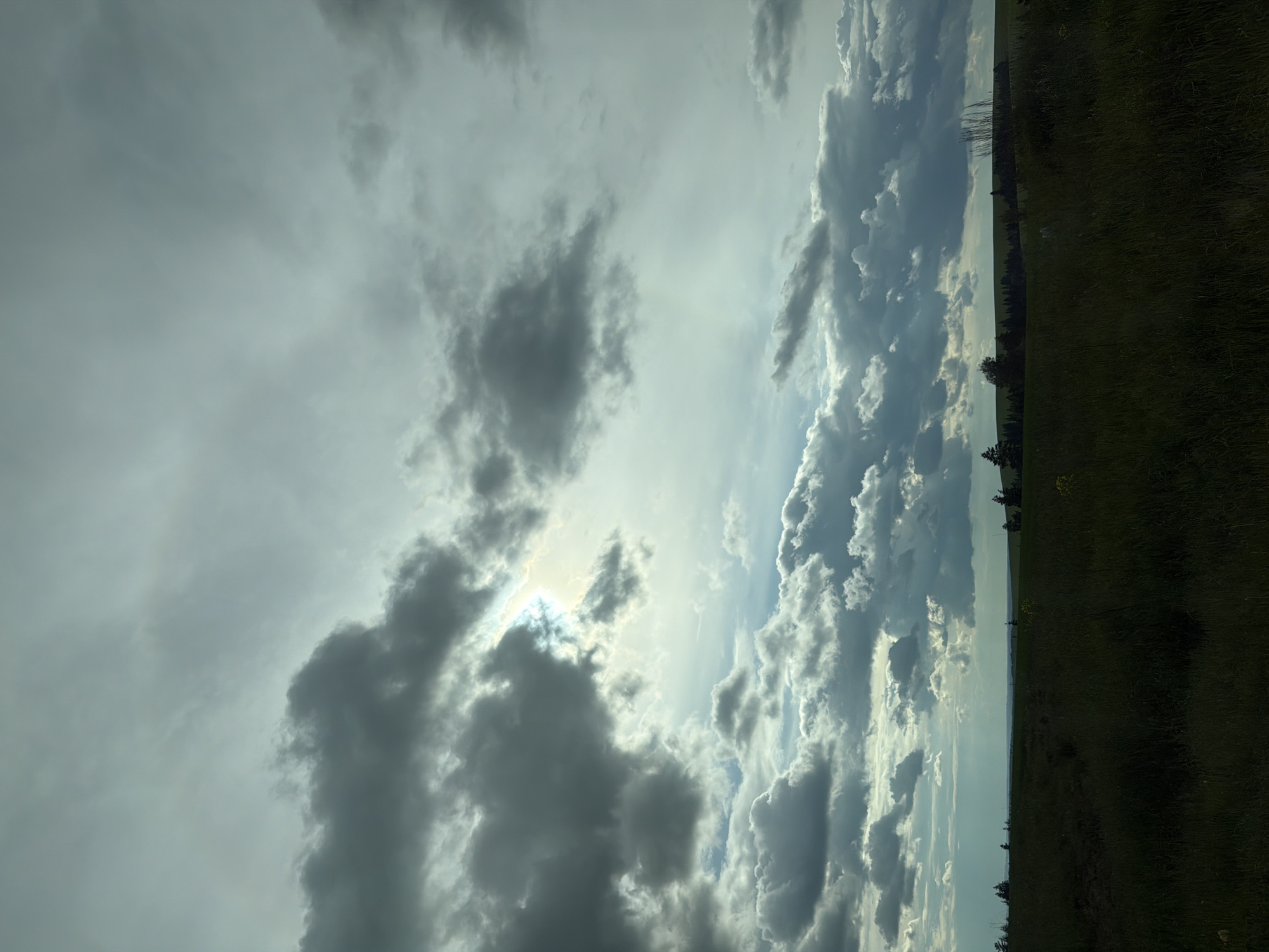 The image displays a wide landscape dominated by a dynamic sky and an expansive field, oriented as if viewed horizontally. The horizon line sits roughly in the lower third of the frame, separating the land from the sky.
The sky occupies the upper two-thirds of the image, filled with a dramatic arrangement of clouds. On the left side, heavy, dark grey clouds are prominent, appearing thick and full. In the mid-left, a brilliant burst of sunlight pierces through a break in these clouds, creating a radiant glow and illuminating the edges of the surrounding cloud formations with bright white and light grey tones. Further to the right, the clouds transition into a mix of brighter white and lighter grey cumulus clouds, extending towards the right edge of the frame, with glimpses of a lighter sky in between.
Below the horizon, a wide, dark green grassy field stretches across the entirety of the foreground and middle ground, appearing somewhat shadowed or under diffused light. A faint, dark line along the horizon indicates a distant tree line or forested area, providing a subtle boundary to the open field.
The scene depicts daytime, likely late afternoon, with the sun partially obscured by the clouds, suggesting dynamic or changeable weather conditions. The composition evokes a sense of natural vastness and atmospheric intensity. No text is visible in the image. The open field and distant tree line are characteristic of a rural setting, aligning with the provided location context of Buranovo, Russia.