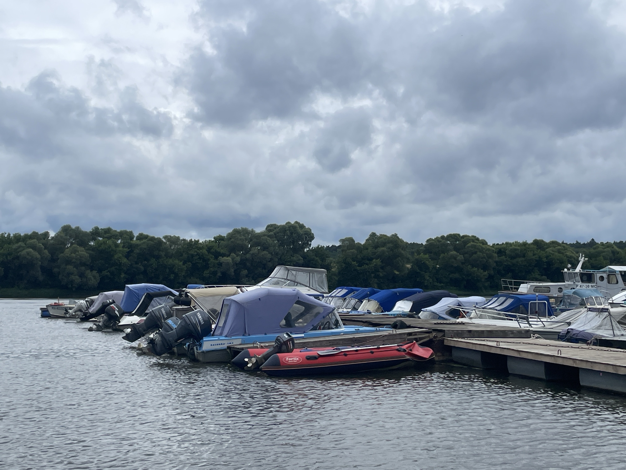 The image shows a wide shot of a marina on the Oka River in Pushchino, Russia. The sky is overcast with thick, grey clouds. A wooden dock extends into the frame from the right, lined with numerous moored boats. The boats are of various sizes and types, including smaller motorboats and what appear to be dinghies. Many of the boats are covered with blue or grey tarps. The water is calm and choppy. In the background, a dense line of green trees forms the shoreline, with a few buildings visible above the tree line. There are no people visible in the image. The scene is serene and quiet, suggesting the boats are docked for storage or a break from activity.