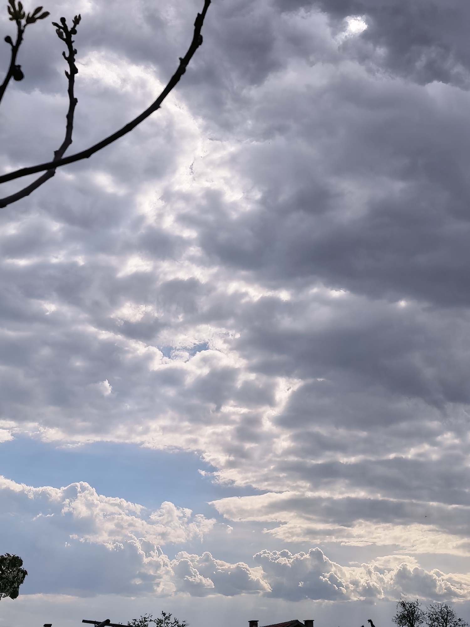 The vertical image presents a dynamic sky filled with a variety of cloud formations over Sapareva Banya, Bulgaria. The upper portion of the frame is dominated by heavy, dark gray clouds interspersed with brighter, illuminated patches where sunlight breaks through. In the top left, the silhouetted branches of a bare tree, featuring visible buds, reach into the frame, suggesting early spring.
Further down, the cloudscape shifts to reveal clearer skies. A small patch of blue sky is visible in the mid-left area, surrounded by lighter, more scattered clouds. Towards the bottom of the image, the clouds become more voluminous and bright white, resembling cumulus formations, with a significant expanse of clear blue sky visible above them on the left side.
At the very bottom of the photograph, a sliver of the landscape is visible, including what appear to be rooftops with chimneys and the tops of distant trees or bushes, indicating a populated or semi-rural setting. The overall lighting suggests it is daytime, possibly late morning or afternoon, with the dramatic clouds creating a varied play of light and shadow across the sky. There are no discernible people, activities, or visible text in the image. The scene conveys a sense of natural beauty and an ever-changing sky.