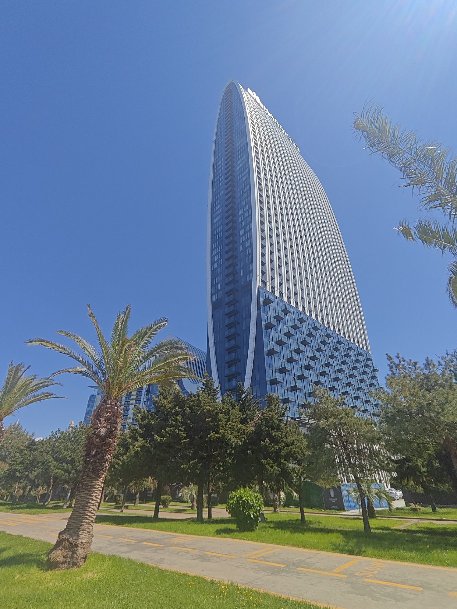 A low-angle perspective captures the Alliance Palace building in Batumi, Georgia, set against a clear blue sky. The building's design features a curving shape that tapers upwards, with a facade that transitions from blue glass-enclosed balconies on the lower levels to a white and glass upper section. The lower part of the building is partially obscured by various trees and foliage.
In the foreground, a palm tree stands prominently on the left, its trunk textured and detailed. A pathway with yellow lines runs across the lower portion of the image, suggesting a pedestrian area. The pathway is flanked by green grass. The overall composition highlights the contrast between the modern architecture of the Alliance Palace and the natural elements of the surrounding park.
