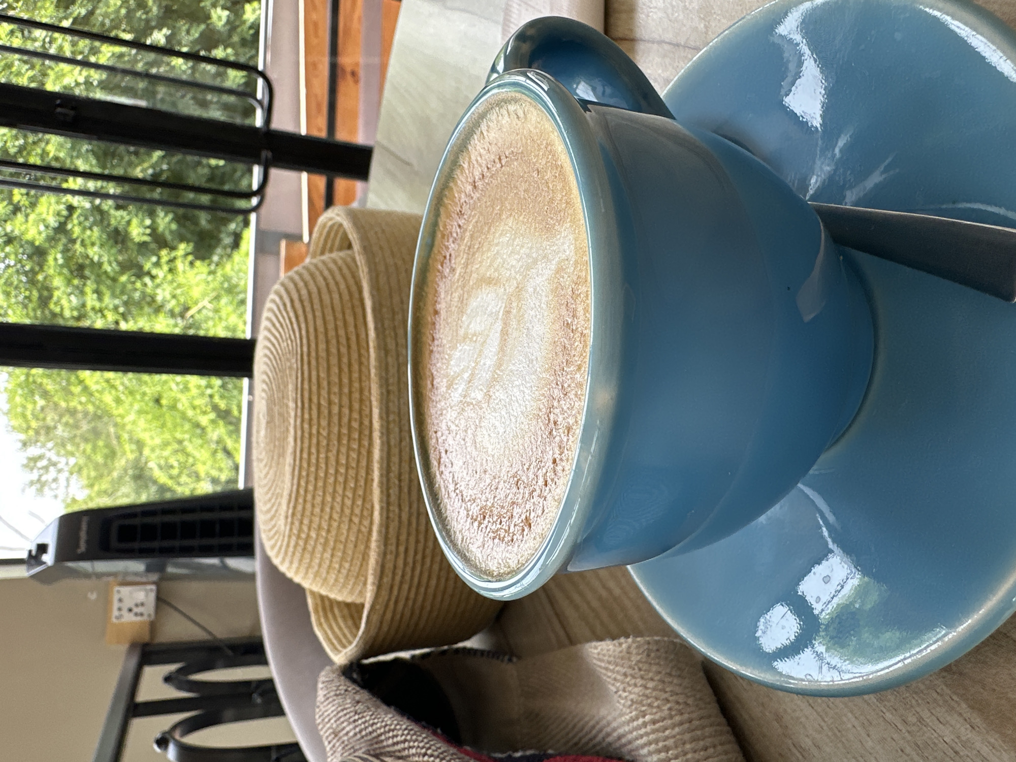 A close-up, eye-level shot captures a blue ceramic cup and saucer filled with latte art, placed on a wooden table. The latte art features a swirling pattern of foam. To the left of the cup, a woven straw hat sits inside a larger woven basket. A folded cloth with a striped pattern is also visible to the left of the hat. In the background, through large windows with black frames, lush green trees are visible, suggesting an outdoor or garden setting. A tall, black electric fan stands near the window, and a white electrical outlet is mounted on a light-colored wall. The scene appears to be set in a cafe or dining area, possibly in Agra, India, given the context provided.