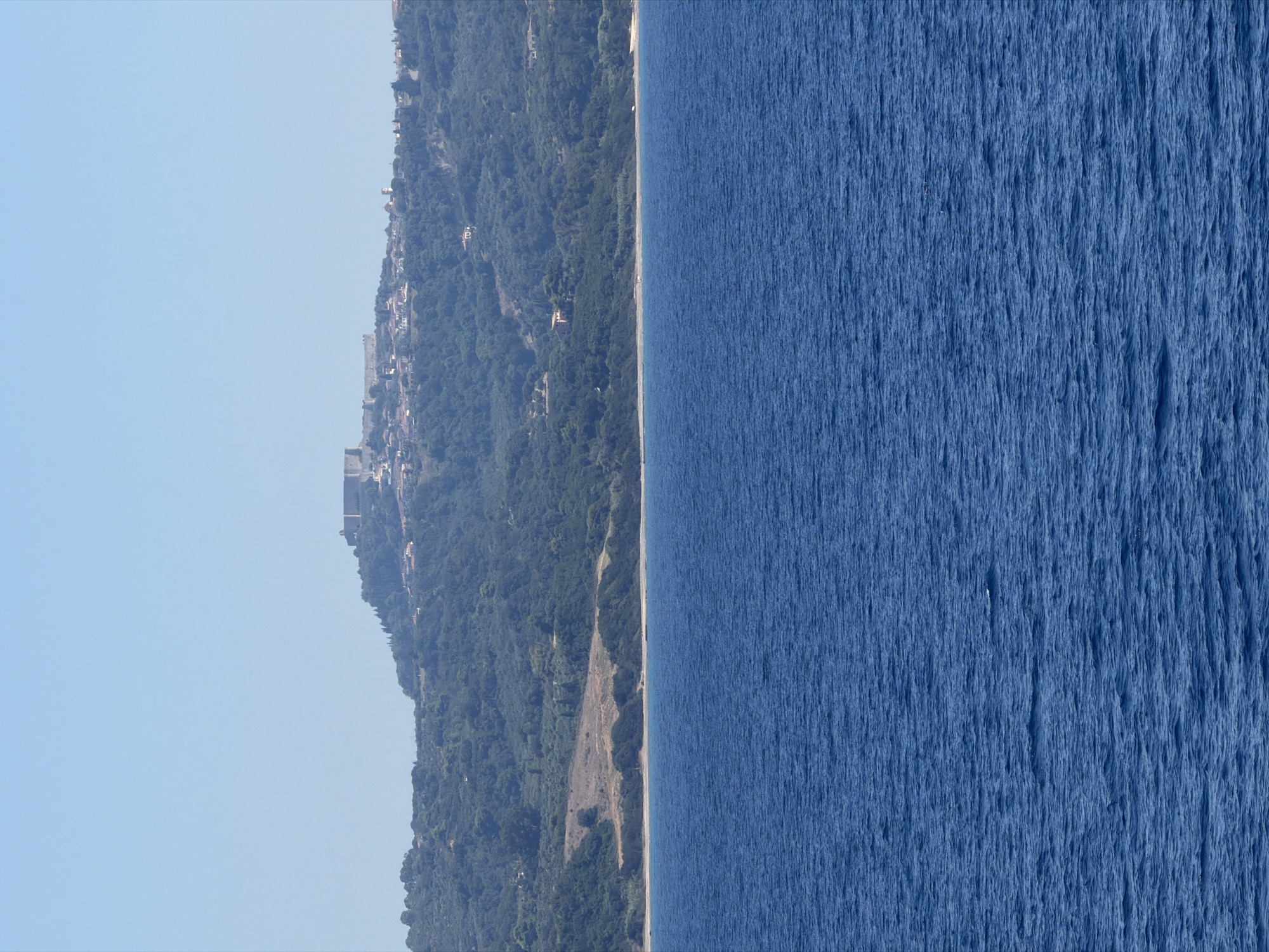 The image captures a panoramic view of the Municipal Unit of Kastro - Kyllini, Greece, with the imposing Castle of Chlemoutsi dominating the hilltop. The foreground is occupied by the vast expanse of the Ionian Sea, its deep blue waters rippling under the clear sky. A narrow strip of sandy beach separates the sea from a densely forested hillside. The hillside is covered in lush green trees, with scattered buildings and structures visible through the foliage, indicative of a settlement. The castle itself, a prominent stone structure with crenellated walls and towers, stands as a testament to historical architecture, perched high above the landscape. The scene conveys a sense of serene natural beauty combined with historical significance.