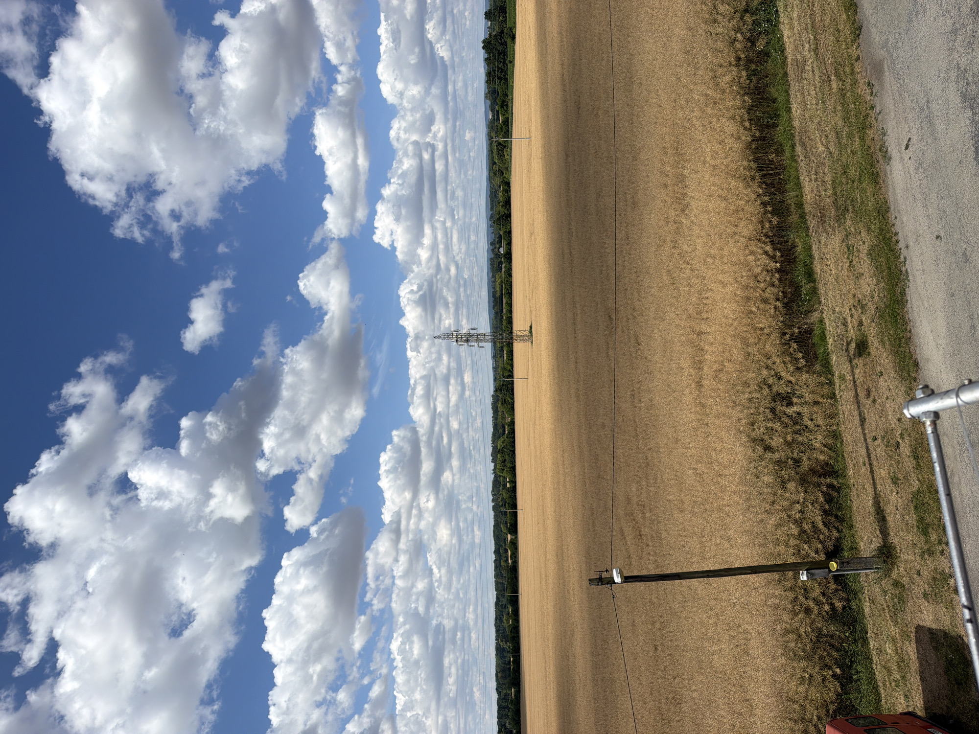 The image depicts a rural landscape in Pňovice, Czechia, characterized by a vast field of golden-brown crops, likely rapeseed or wheat, stretching towards a distant treeline. A prominent electricity pylon stands in the middle ground, with power lines extending across the horizon. The sky is a vibrant blue, dotted with fluffy white cumulus clouds. In the foreground, a wooden post with electrical equipment is visible, along with a portion of a red vehicle and a section of metal railing. The scene is illuminated by bright sunlight, casting shadows across the field. There are no people or animals visible in the image.
