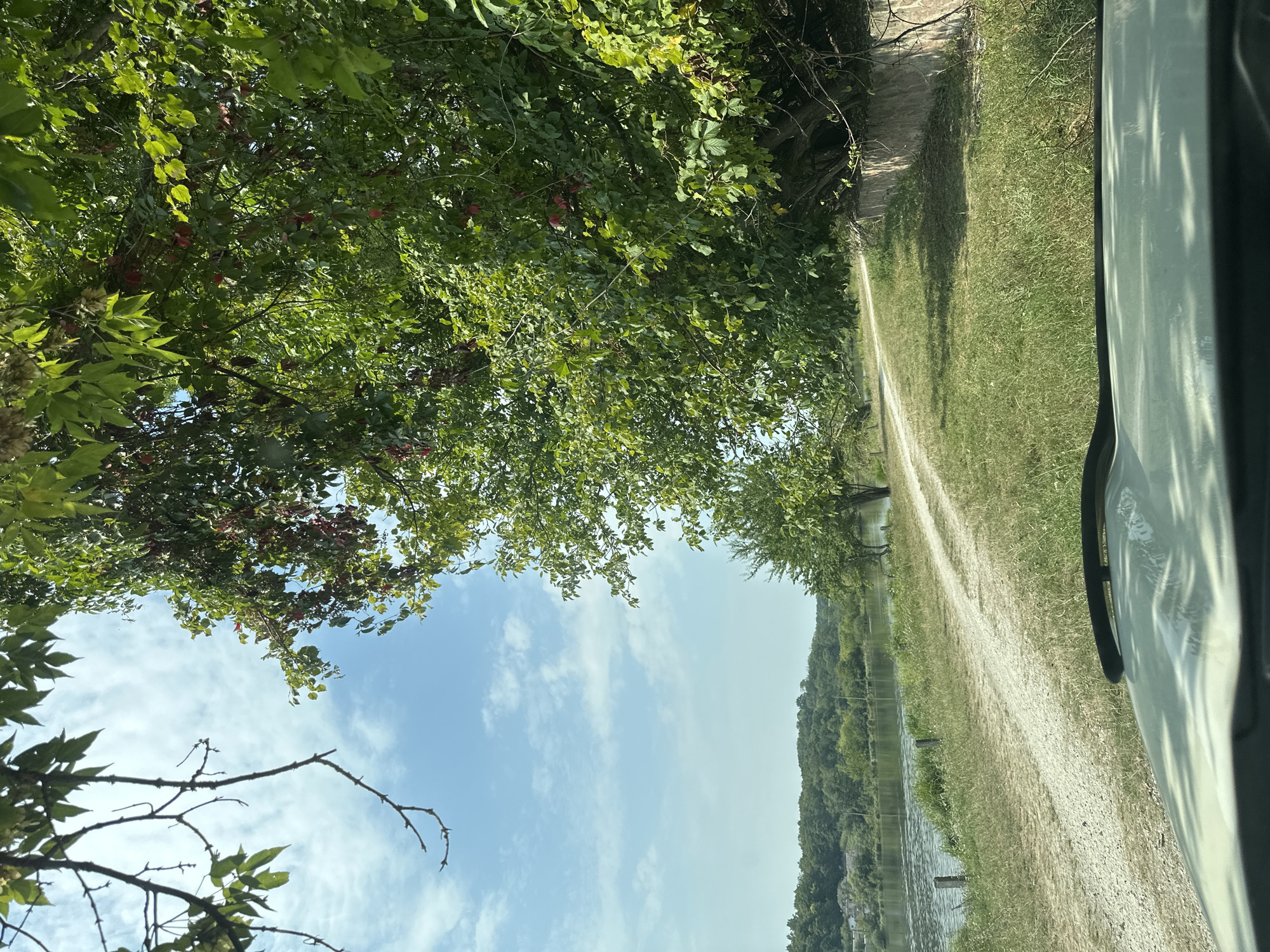 The image depicts a serene natural landscape, likely on the outskirts of Makiv, Ukraine, given the context. A dirt road, covered in gravel, meanders through a grassy area towards a body of water. The water, possibly a river or lake, is calm and reflects the blue sky dotted with scattered clouds. On the opposite bank of the water, a dense forest with rolling hills stretches into the distance, with a few houses visible amidst the trees.
To the right of the dirt road, a thick wall of lush green trees with some reddish-tinged leaves grows, creating a natural barrier. The lower portion of this vegetation is partially obscured by a low, weathered concrete wall. Some branches from these trees hang over the road, casting shadows on the ground. In the foreground, the hood and windshield of a vehicle are visible, suggesting the image was taken from inside a car, perhaps stopped or moving slowly along the road. The overall impression is one of tranquility and natural beauty, characteristic of rural Ukrainian scenery.