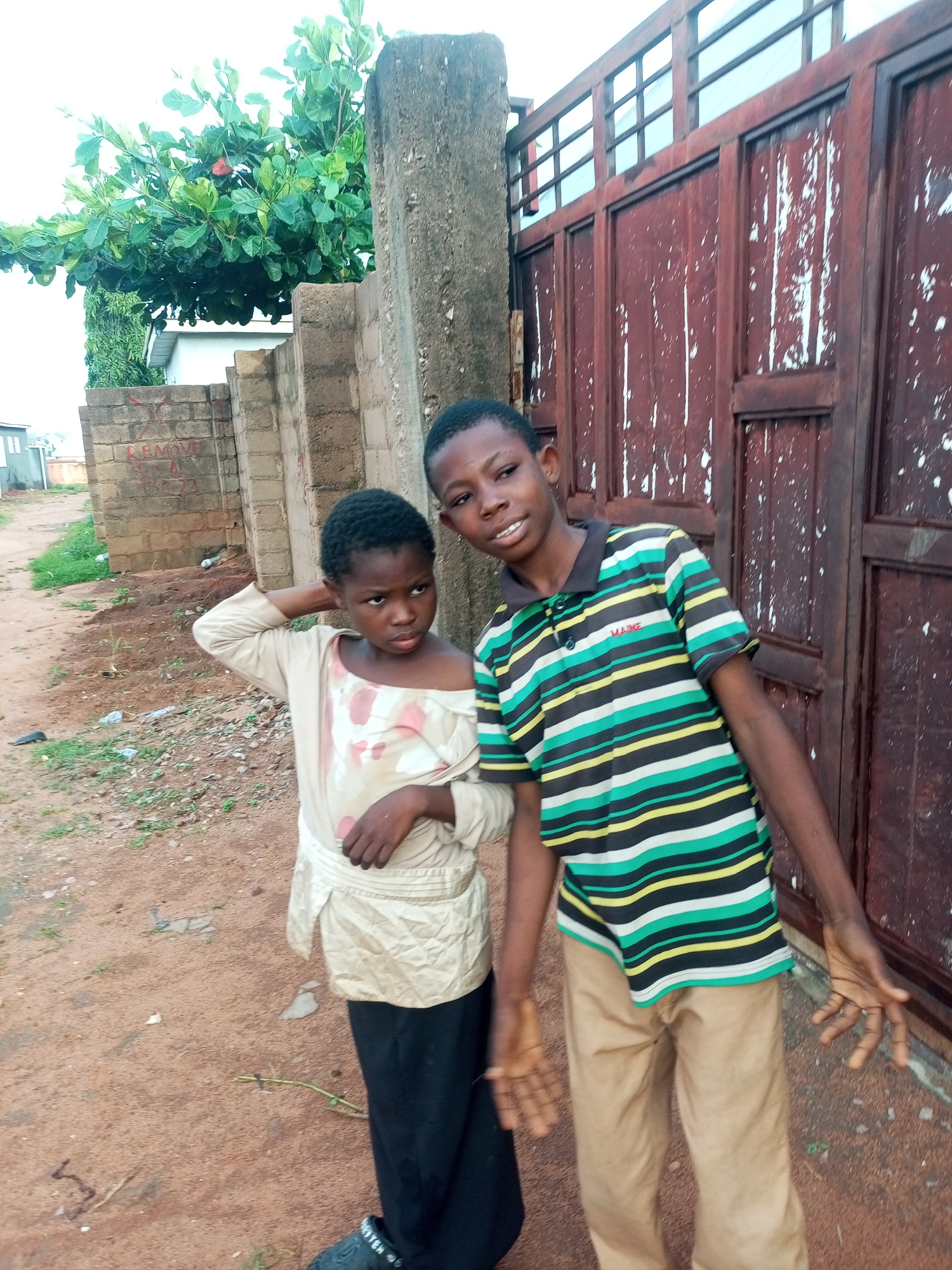 The image shows two young individuals standing outdoors, possibly in a residential area of Tempure, Nigeria. A boy, on the right, wears a striped polo shirt and tan pants. His left arm is extended outward with his hand open, and his right arm is bent at the elbow. A girl, on the left, is wearing an off-the-shoulder top and black pants. She is touching her head with her left hand. Behind them is a rough-textured wall and a large, weathered, reddish-brown metal gate. The ground is dirt with scattered debris and sparse green vegetation. A leafy tree with red accents is visible to the left of the frame.