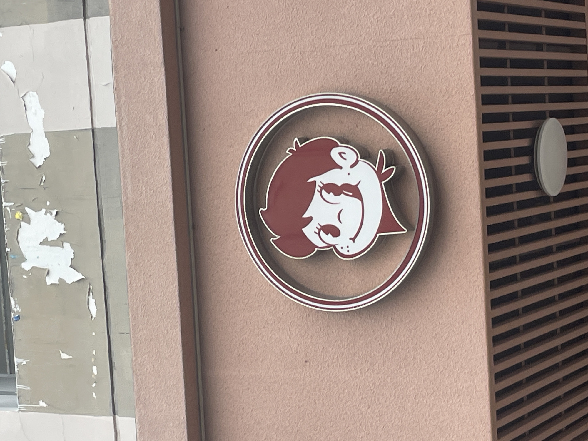 The image displays a circular, decorative sign mounted on a textured, light pinkish-peach colored building wall. The sign features a stylized cartoon character with reddish-brown hair and a smiling face, alongside what appears to be a small, light-colored pig or animal resting on its head, also with a cheerful expression. The artwork on the sign is rendered in white and reddish-brown, encircled by a double metallic ring.
To the left of the sign, a section of a wall or pillar shows significant deterioration with large flakes of white and grey paint or render peeling away. To the right, a distinct architectural feature comprises a wall covered in horizontal brown grates or louvers, against which a small, light-colored oval object, possibly a vent or light fixture, is attached.
The scene appears to be an exterior shot of a building during the daytime, likely in an urban environment like Bac Nha Trang Ward, Vietnam. There are no activities taking place, and no discernible text is visible anywhere in the image.