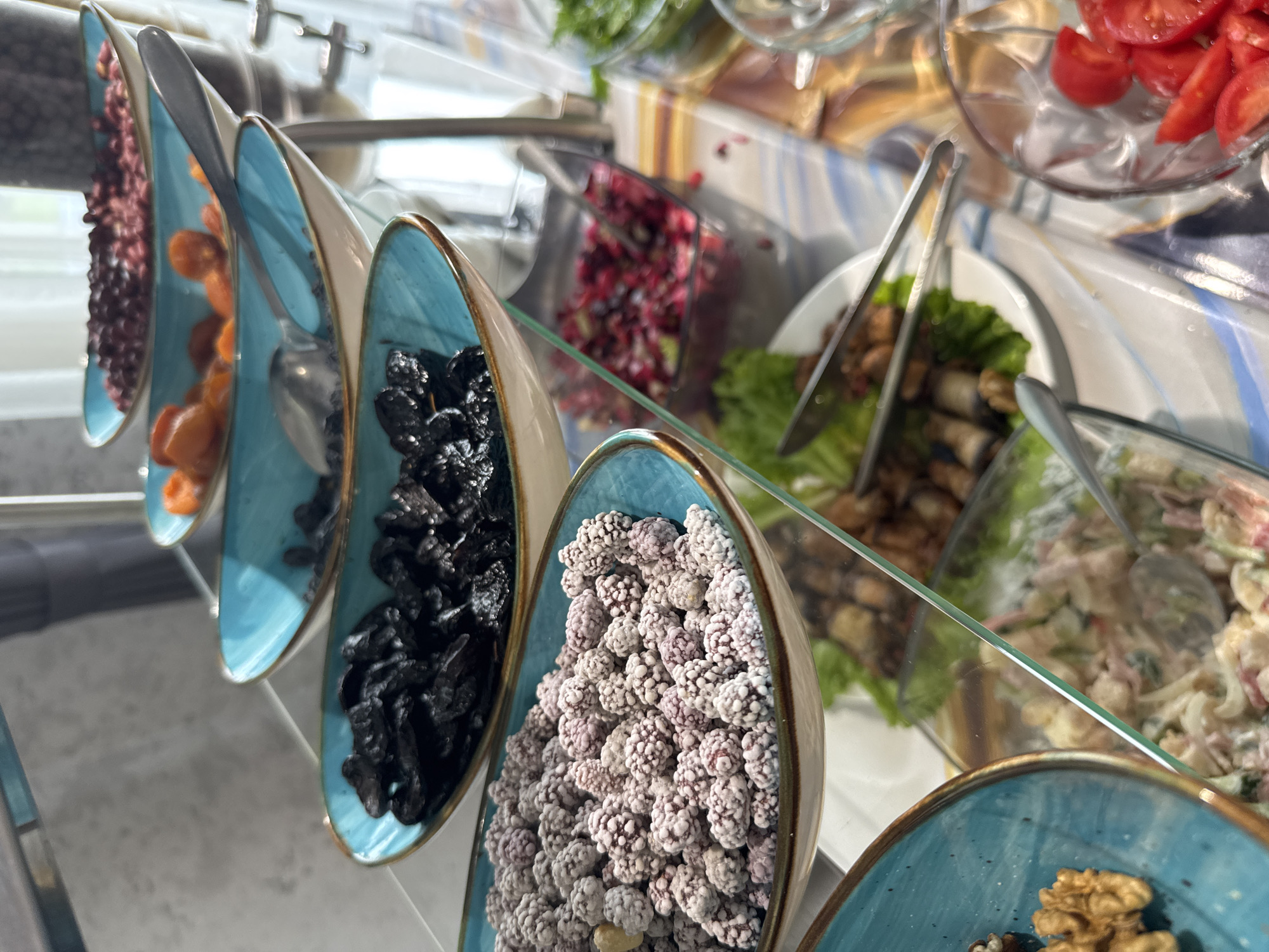 The image depicts a buffet-style arrangement of various foods in what appears to be a restaurant setting. The food is displayed in a variety of containers including turquoise-colored, boat-shaped dishes and clear glass bowls. The items in the turquoise dishes, from left to right, include small, dark red dried fruits, dried apricots, dark-colored dried fruits (possibly prunes or blackberries), and what appears to be candied or sugared berries. In the glass bowls are other foods like a beetroot salad, grilled eggplant, tomatoes and a pasta-based salad. The setting seems to be a well-lit indoor space, possibly a hotel or restaurant, with metal and glass fixtures. There is no clear indication that the image was taken in Tashkent, Uzbekistan.