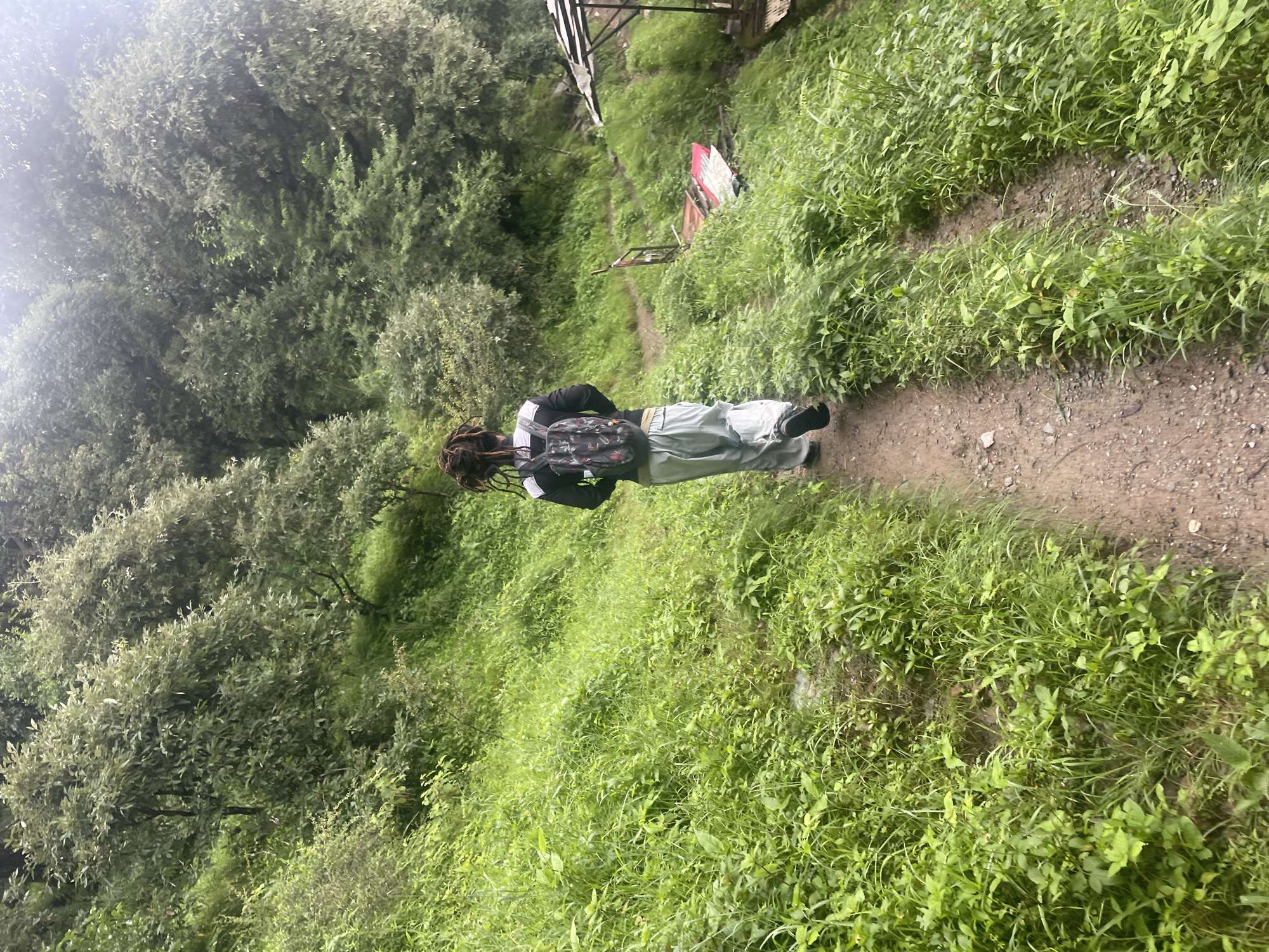 In Bhagsu, India, a person with dreadlocks walks away from the camera on a dirt path surrounded by lush green vegetation and trees. The individual is wearing a black jacket with white accents, loose-fitting light grey pants, and black shoes. A backpack with a grey and black pattern is worn on their back. To the right of the path, there is a small, open-air structure with a striped awning and some debris, including what appears to be a red and white tarp. The environment suggests a mountainous or hilly region with dense foliage and a slightly overcast sky.